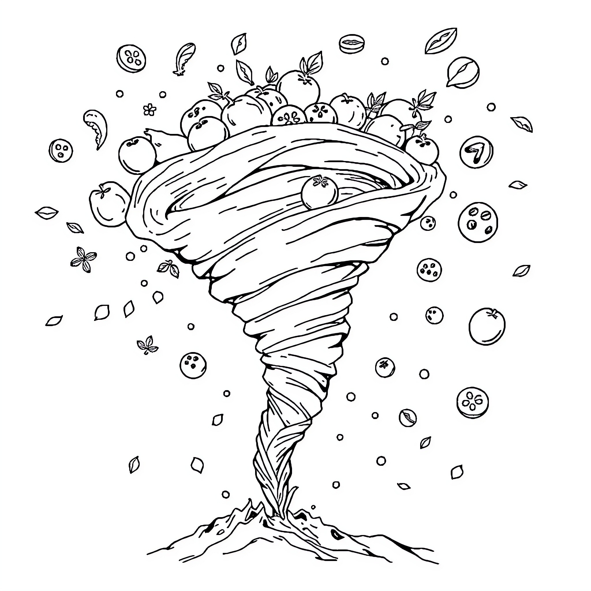 Tornado Swirling Fruits and Leaves Coloring Page (free black-and-white line drawing printable PDF for all, from beginners to advanced learners, including children, teens, adults, and seniors)