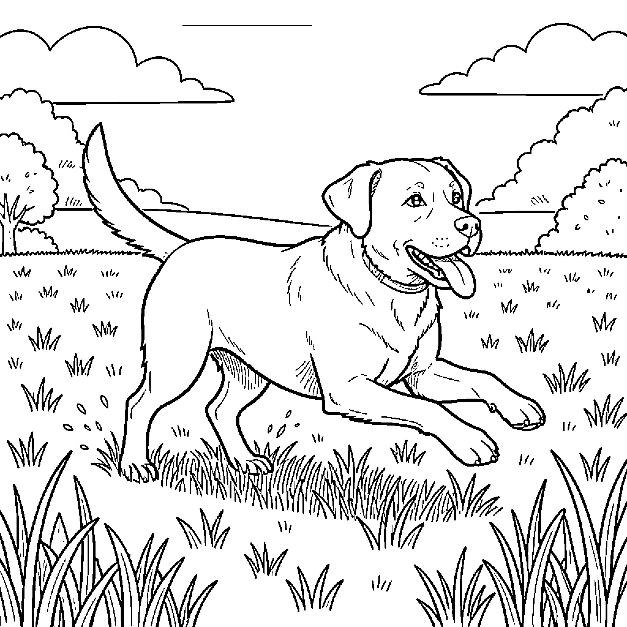 Labrador running playfully through a grassy field Coloring Page (free black-and-white line drawing printable PDF for all, from beginners to advanced learners, including children, teens, adults, and seniors)