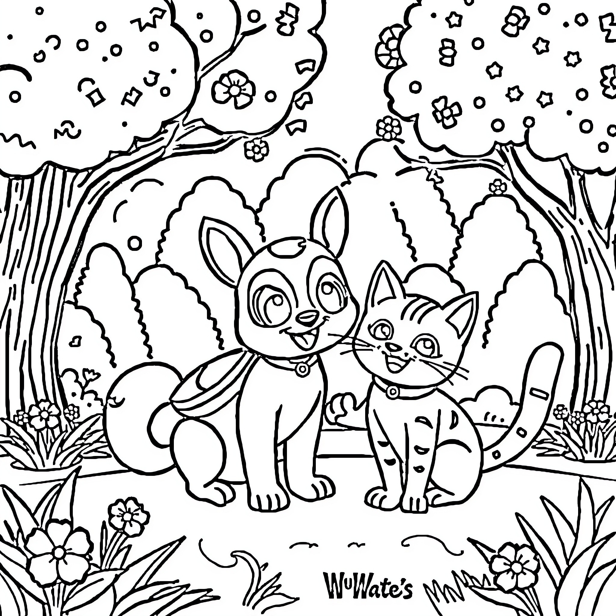 Pat'Patrouille characters in a whimsical forest scene Coloring Page (free black-and-white line drawing printable PDF for all, from beginners to advanced learners, including children, teens, adults, and seniors)