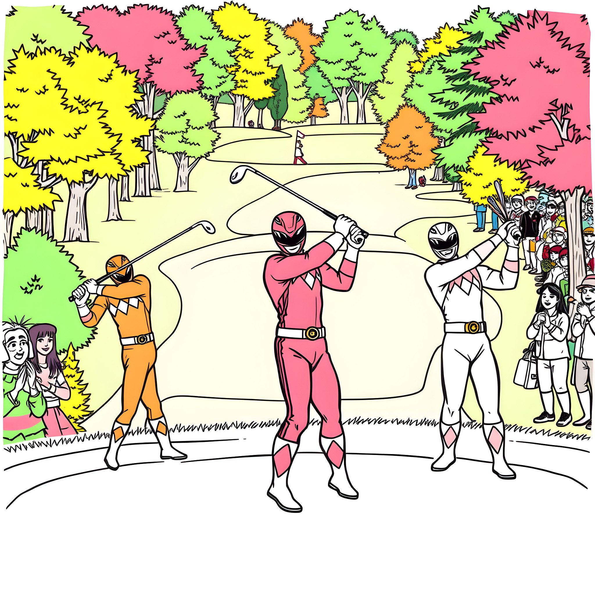 Power Rangers Morphing into Action in Colorful Park Coloring Page (free black-and-white line drawing printable PDF for all, from beginners to advanced learners, including children, teens, adults, and seniors)