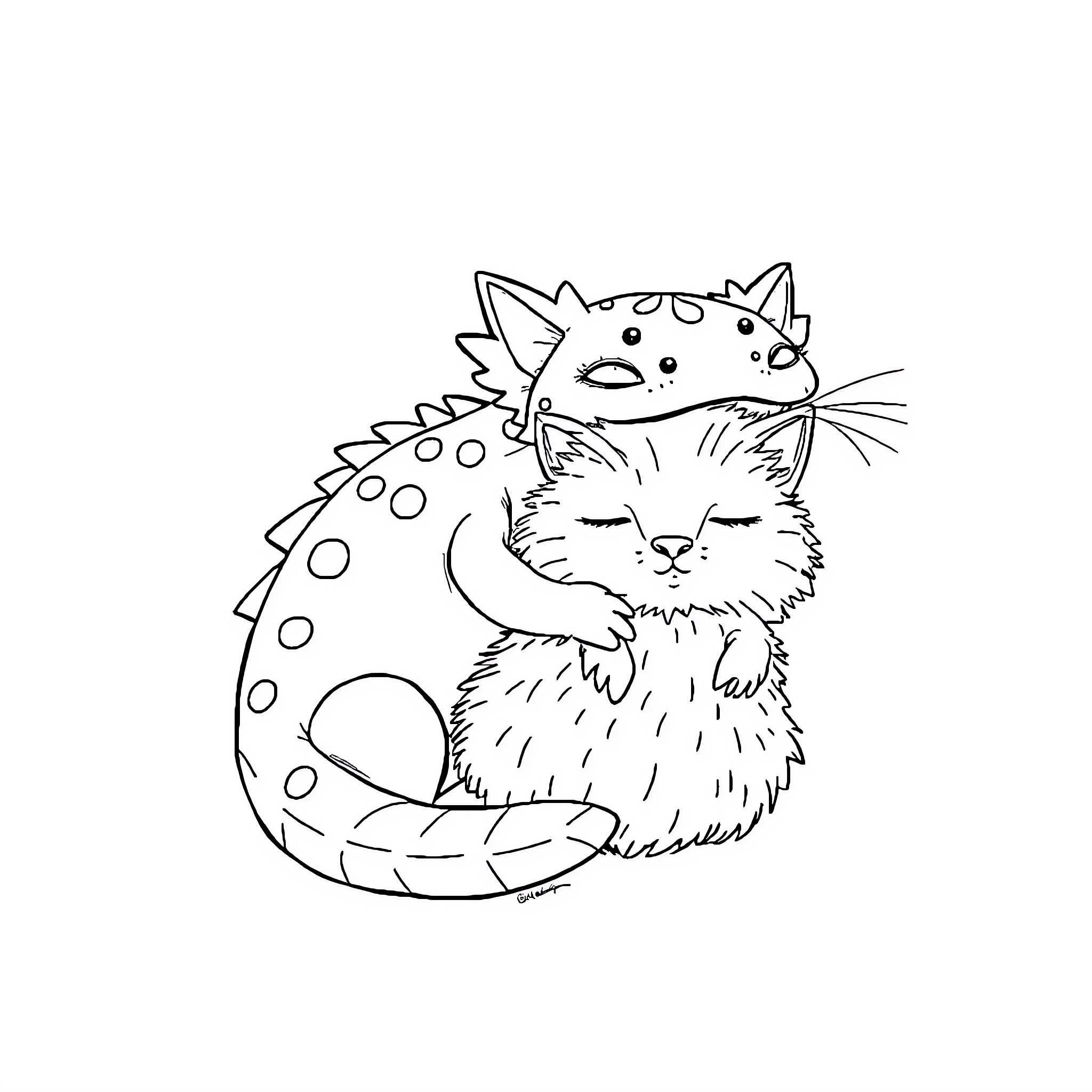 Axolotl cuddling with a fluffy cat Coloring Page (free black-and-white line drawing printable PDF for all, from beginners to advanced learners, including children, teens, adults, and seniors)