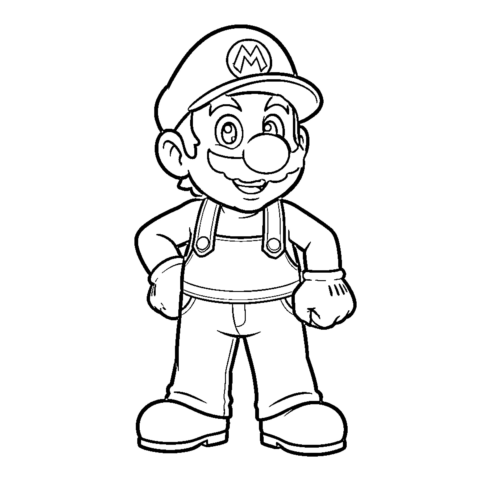 Mario the cheerful plumber in overalls Coloring Page (free black-and-white line drawing printable PDF for all, from beginners to advanced learners, including children, teens, adults, and seniors)