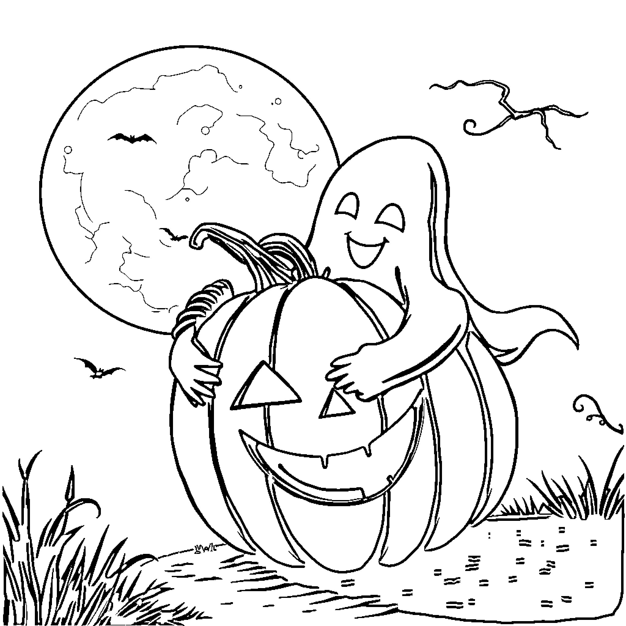 Pumpkin Ghost Embracing Jack-O'-Lantern on Halloween Night Coloring Page (free black-and-white line drawing printable PDF for all, from beginners to advanced learners, including children, teens, adults, and seniors)