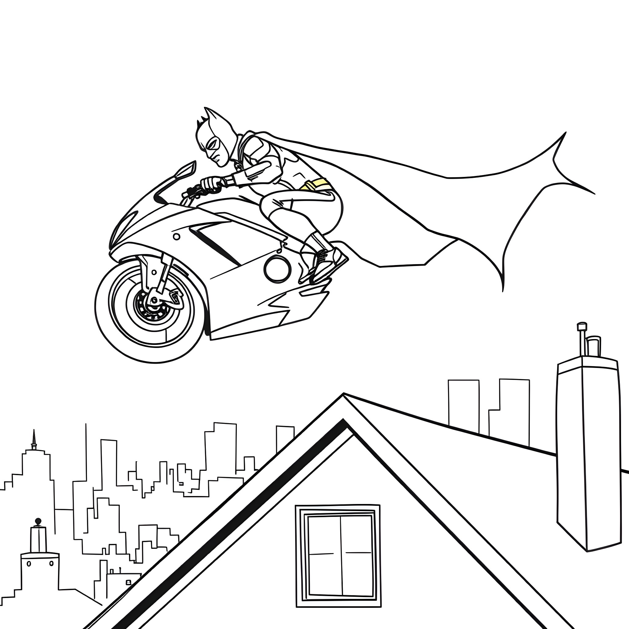 Batman riding a motorcycle in the city Coloring Page (free black-and-white line drawing printable PDF for all, from beginners to advanced learners, including children, teens, adults, and seniors)