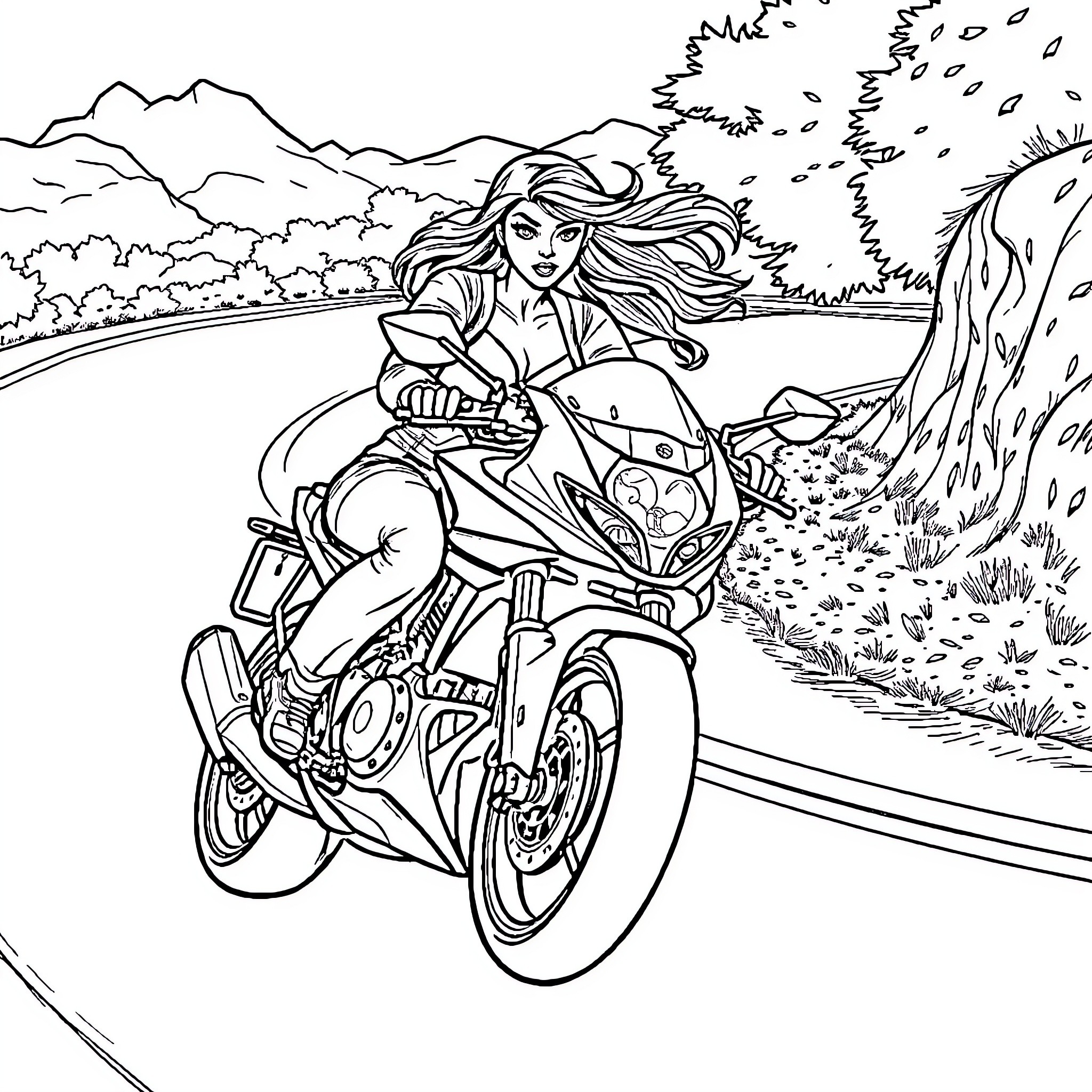Natasha Nice enjoying a thrilling motorcycle ride through nature Coloring Page (free black-and-white line drawing printable PDF for all, from beginners to advanced learners, including children, teens, adults, and seniors)