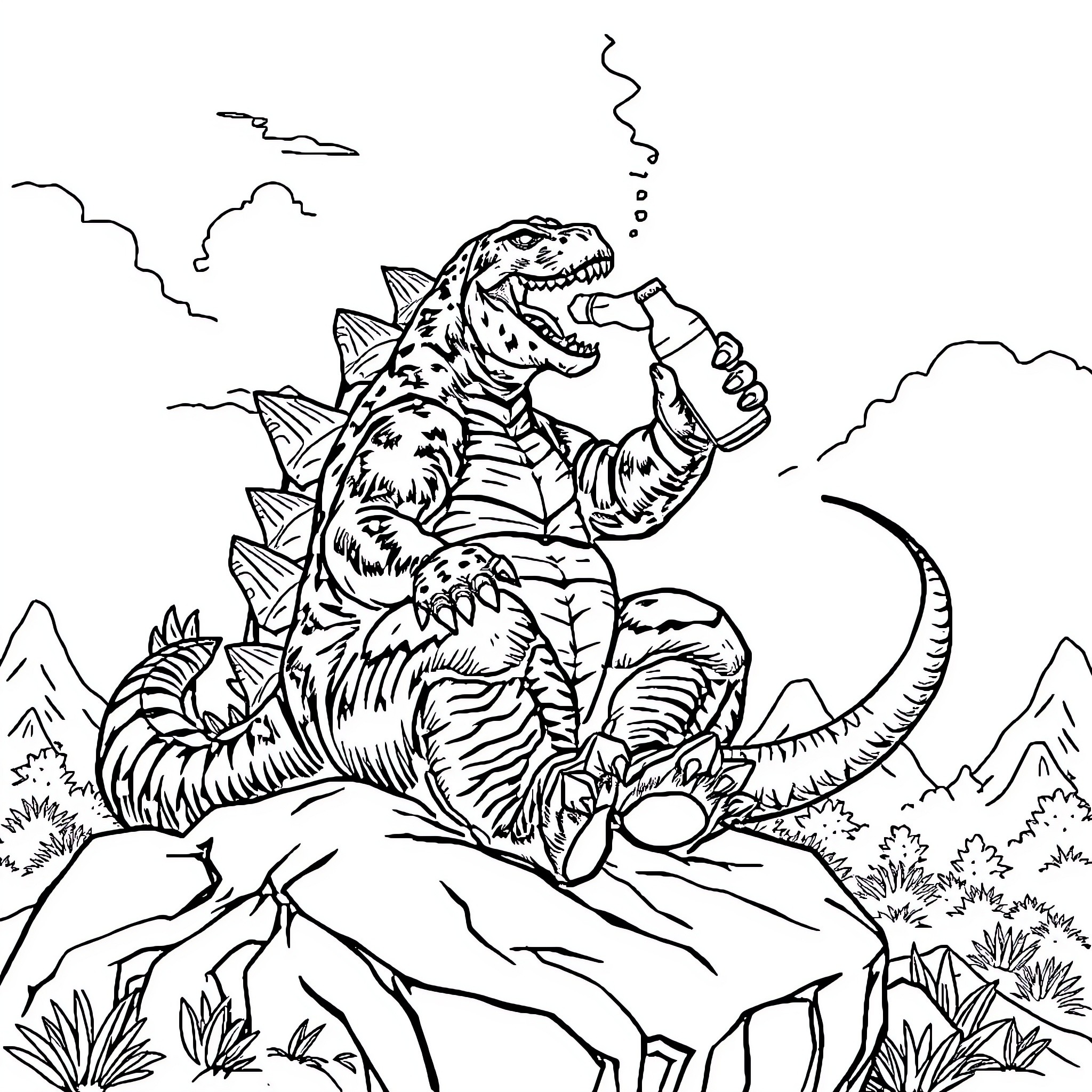 Godzilla Stomping Ferociously in Rugged Terrain Coloring Page (free black-and-white line drawing printable PDF for all, from beginners to advanced learners, including children, teens, adults, and seniors)