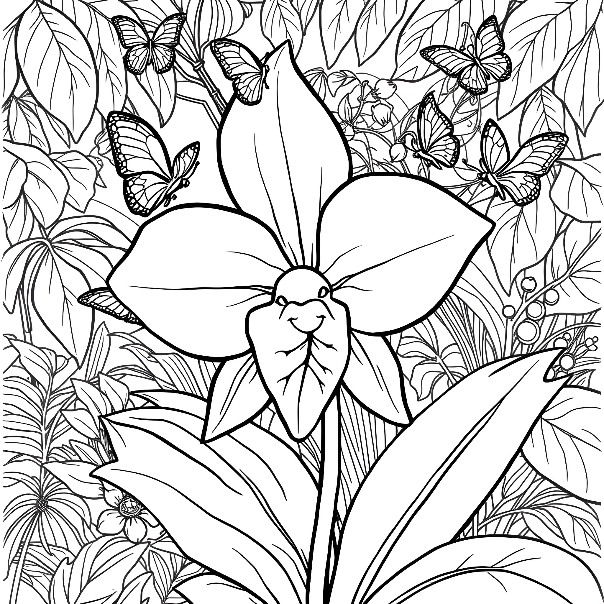 Orchid surrounded by butterflies in a lush garden Coloring Page (free black-and-white line drawing printable PDF for all, from beginners to advanced learners, including children, teens, adults, and seniors)