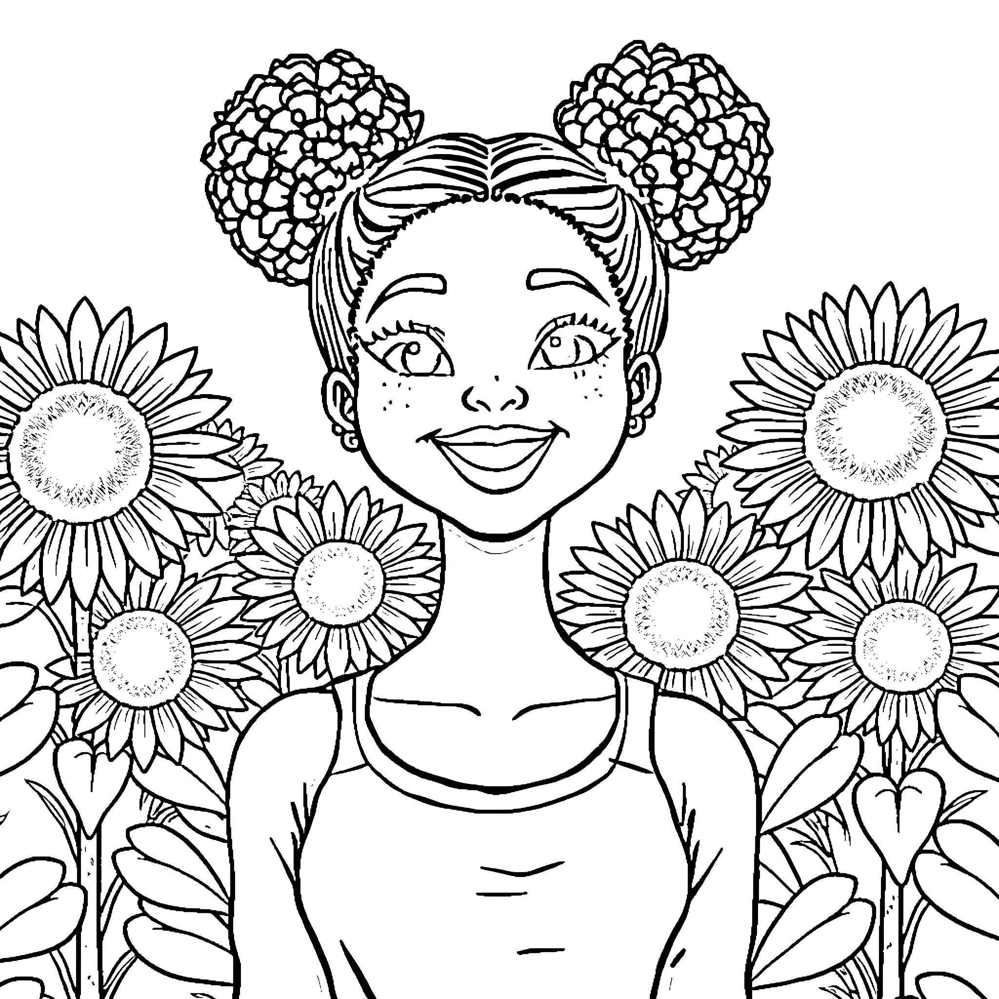 Woman surrounded by cheerful sunflowers Coloring Page (free black-and-white line drawing printable PDF for all, from beginners to advanced learners, including children, teens, adults, and seniors)