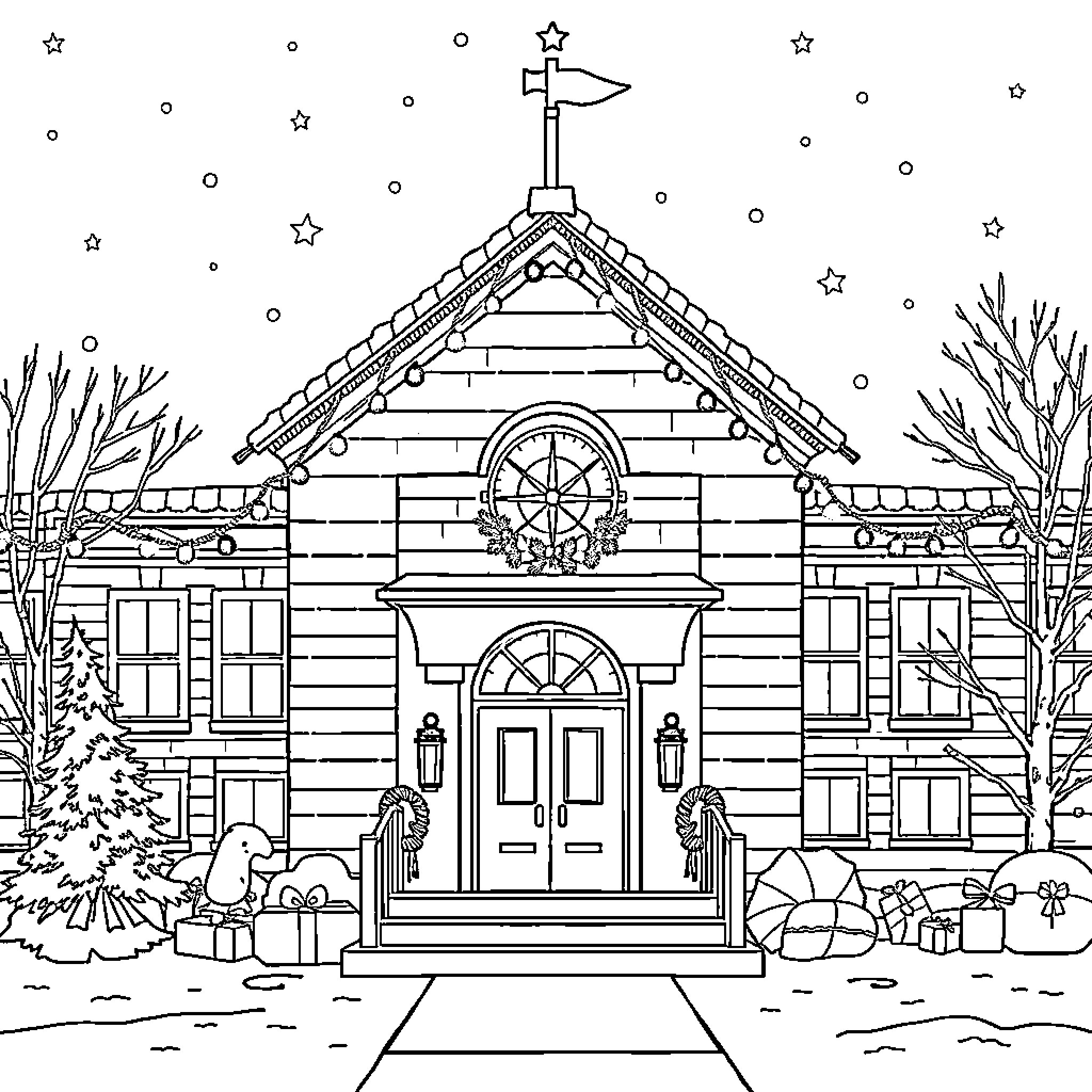 School Facade with Decorative Elements and Winter Scenery Coloring Page (free black-and-white line drawing printable PDF for all, from beginners to advanced learners, including children, teens, adults, and seniors)