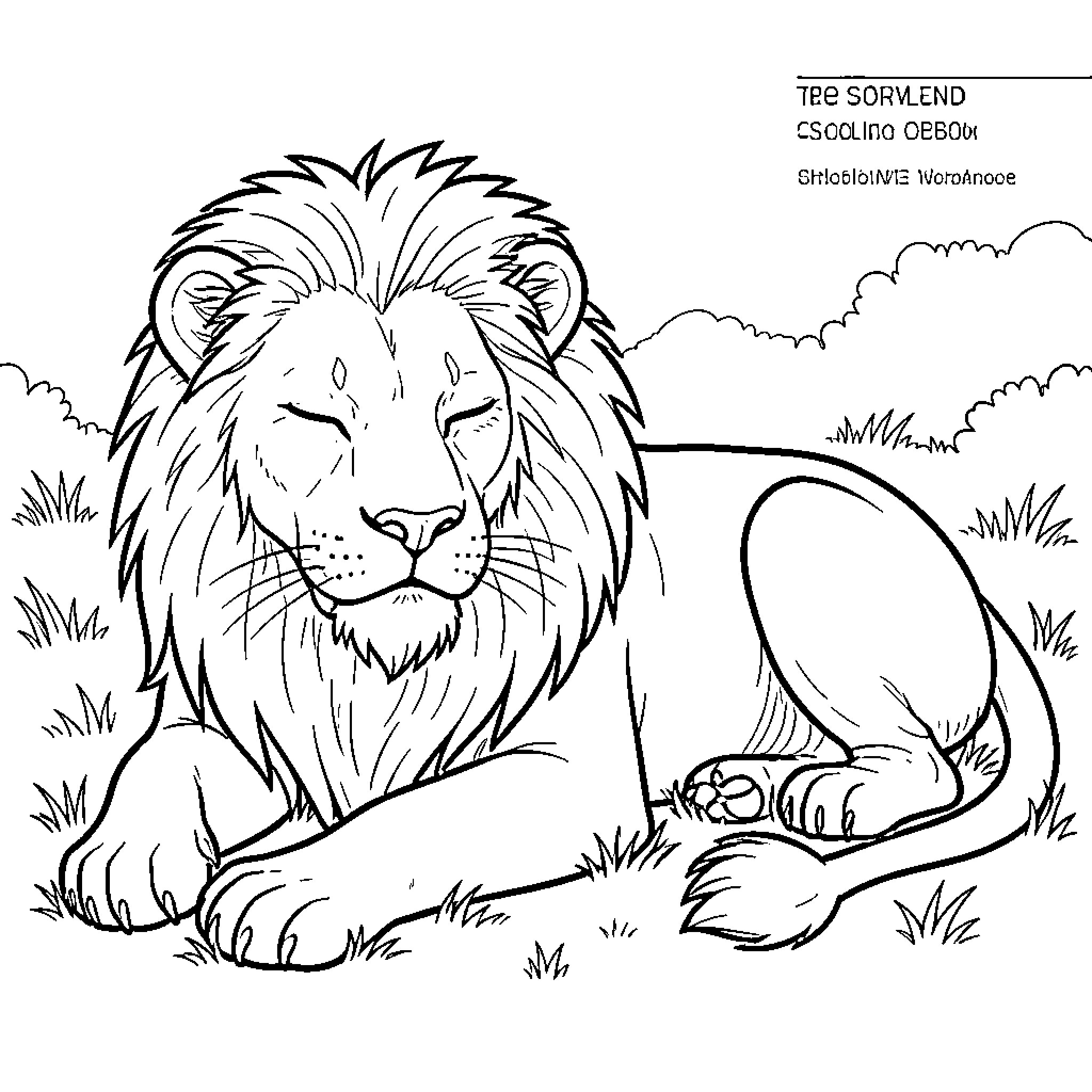 Lion resting peacefully in the grassy wild Coloring Page (free black-and-white line drawing printable PDF for all, from beginners to advanced learners, including children, teens, adults, and seniors)