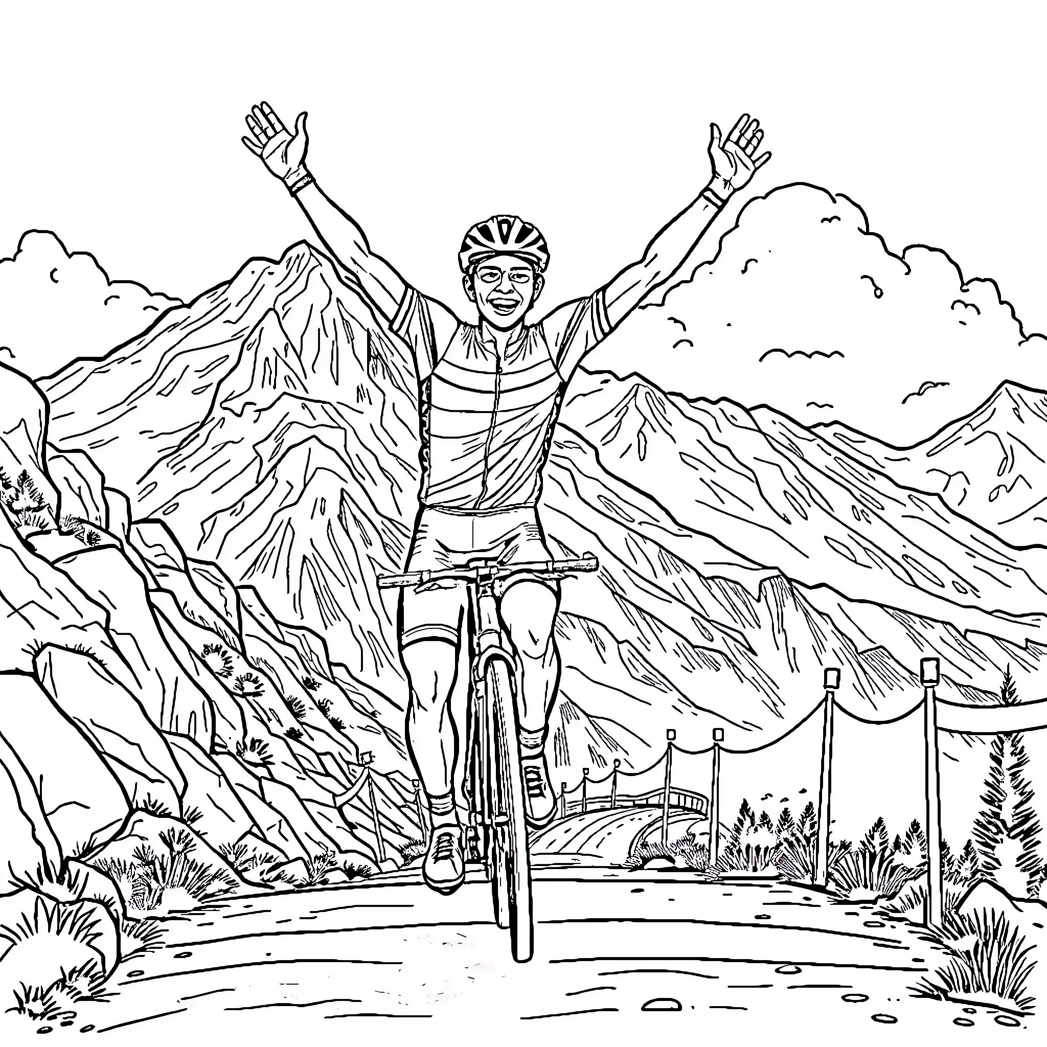Chris Anker triumphantly cycling through the mountains Coloring Page (free black-and-white line drawing printable PDF for all, from beginners to advanced learners, including children, teens, adults, and seniors)