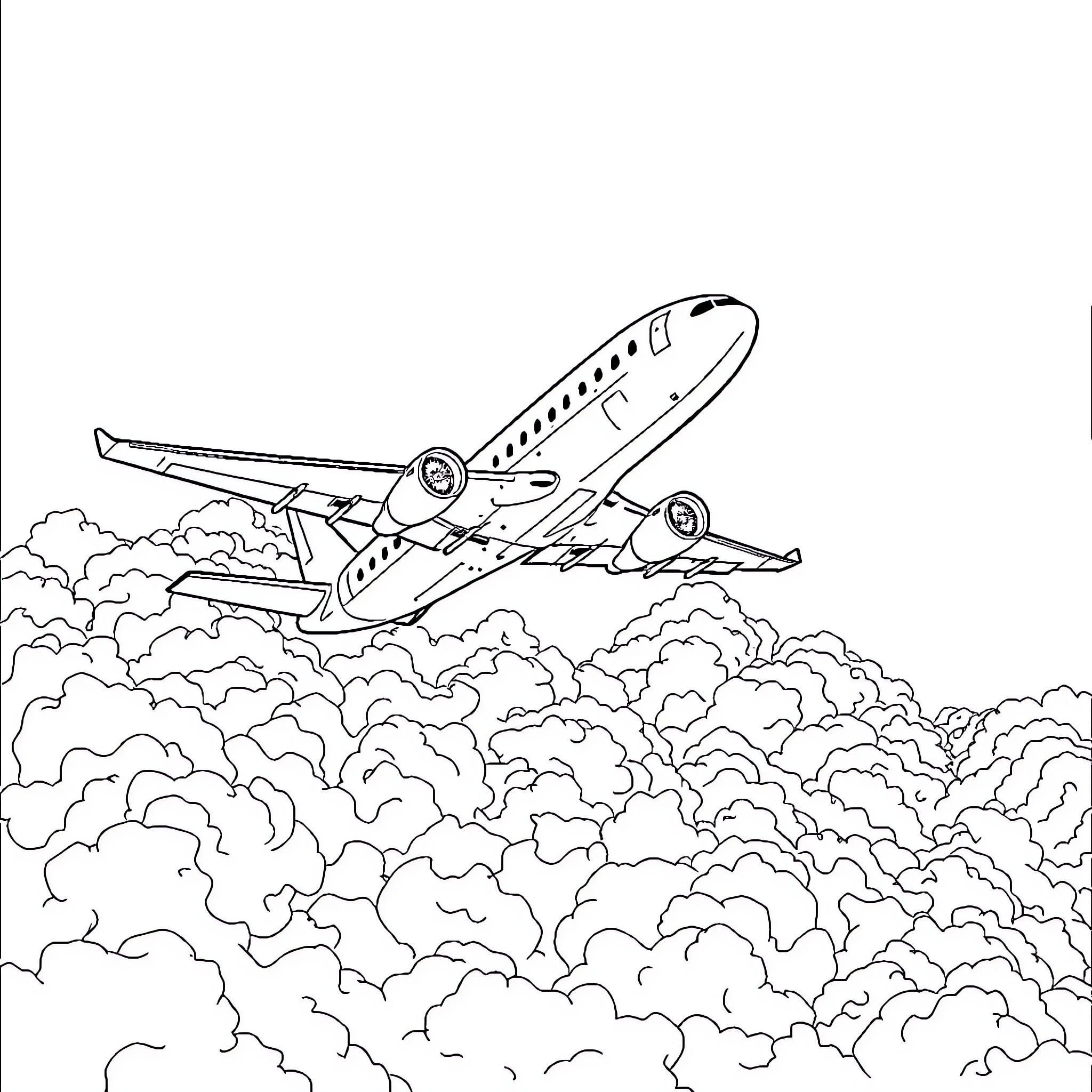 Airplane soaring through clouds Coloring Page (free black-and-white line drawing printable PDF for all, from beginners to advanced learners, including children, teens, adults, and seniors)