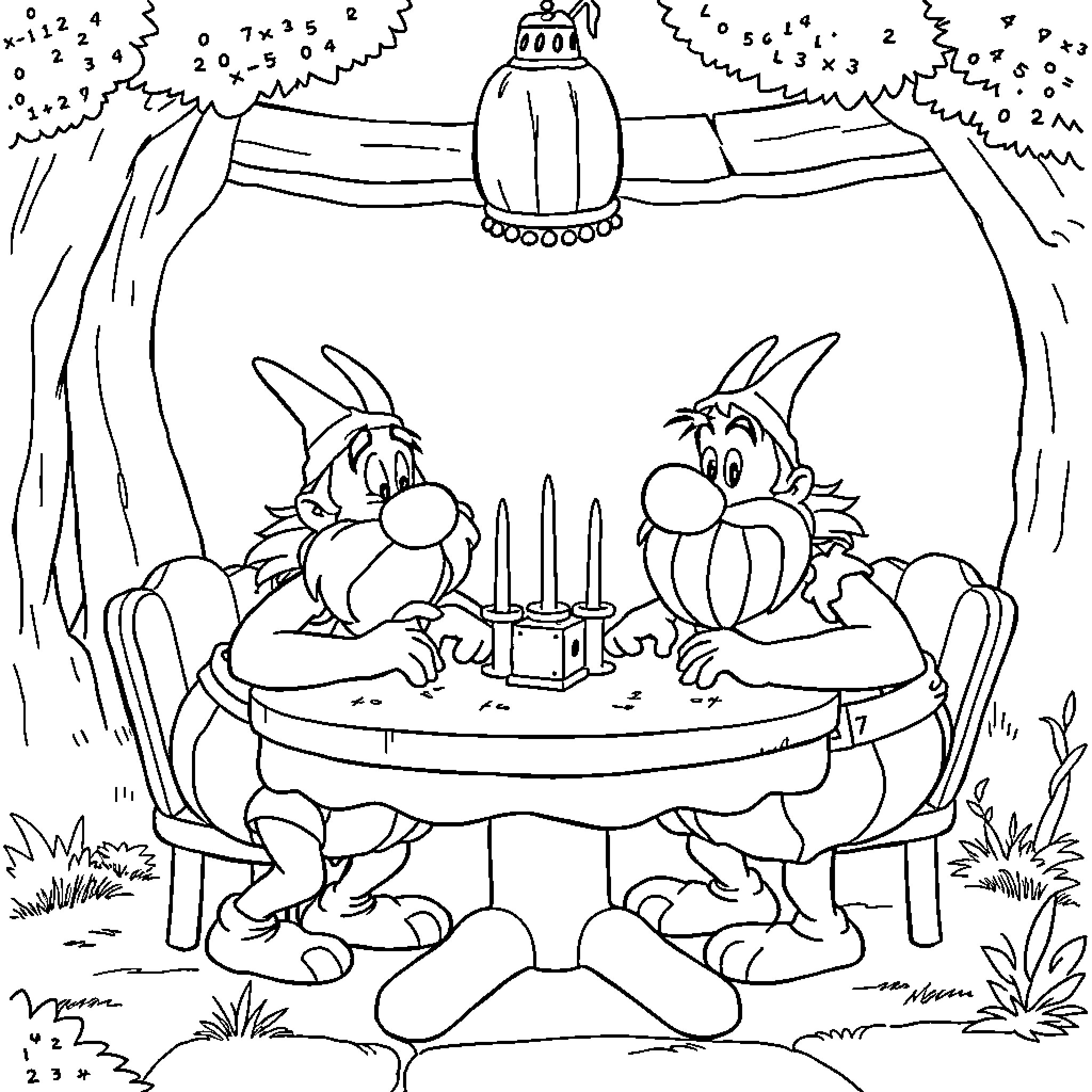 Asterix and Obelix Celebrate Togetherness Coloring Page (free black-and-white line drawing printable PDF for all, from beginners to advanced learners, including children, teens, adults, and seniors)