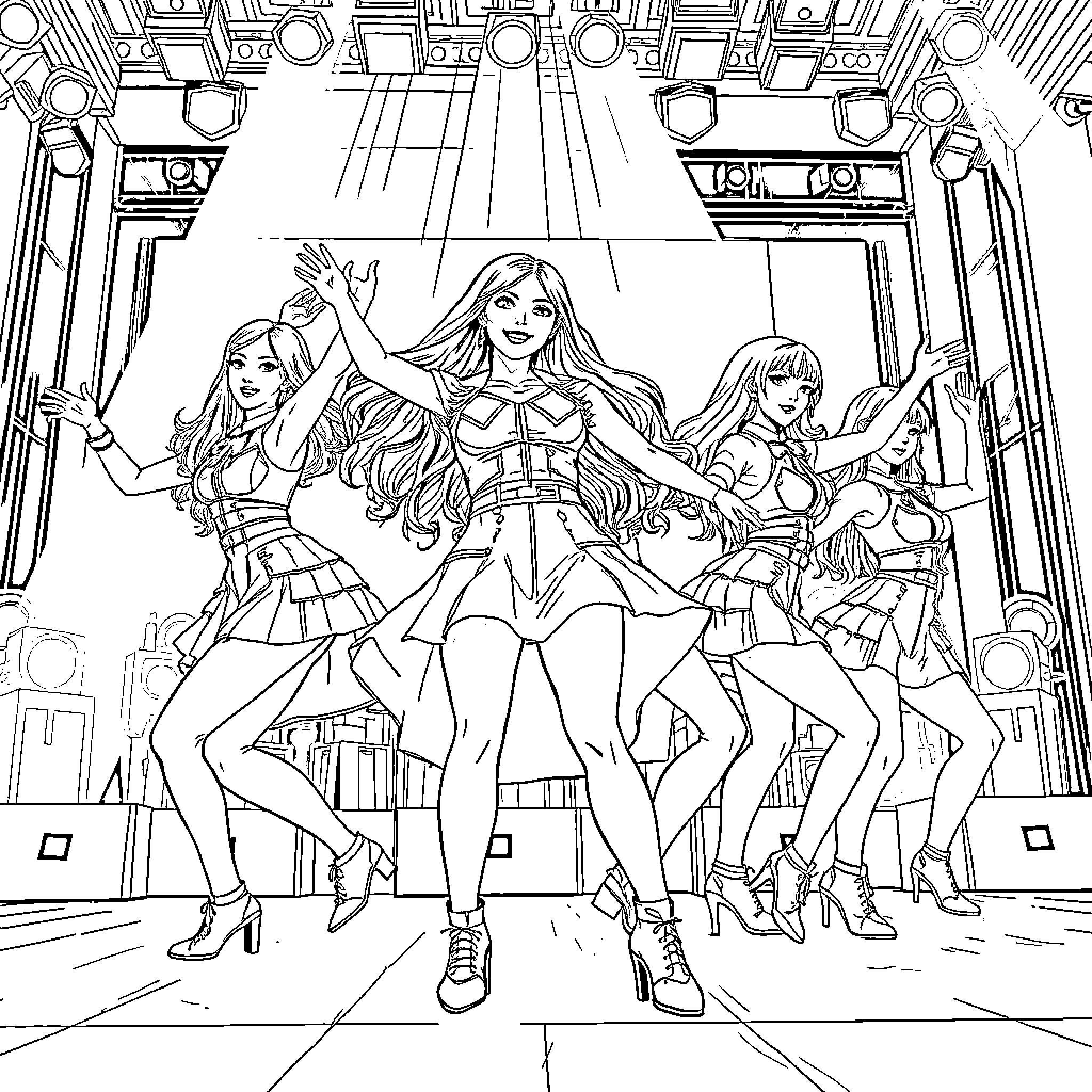 Kpop Warriors Performing on Stage with Choreographed Moves Coloring Page (free black-and-white line drawing printable PDF for all, from beginners to advanced learners, including children, teens, adults, and seniors)