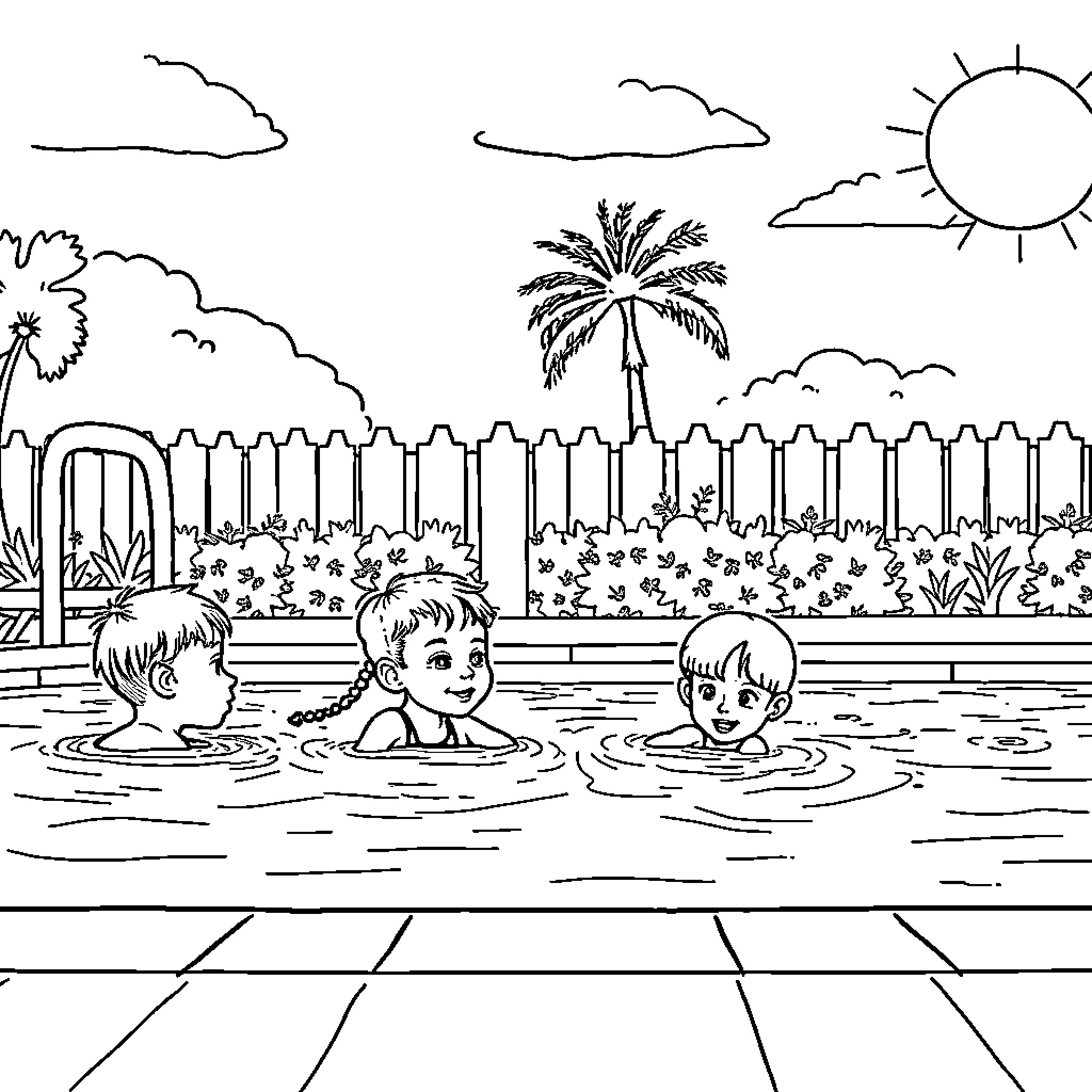 Swimming happily in the tropical pool Coloring Page (free black-and-white line drawing printable PDF for all, from beginners to advanced learners, including children, teens, adults, and seniors)