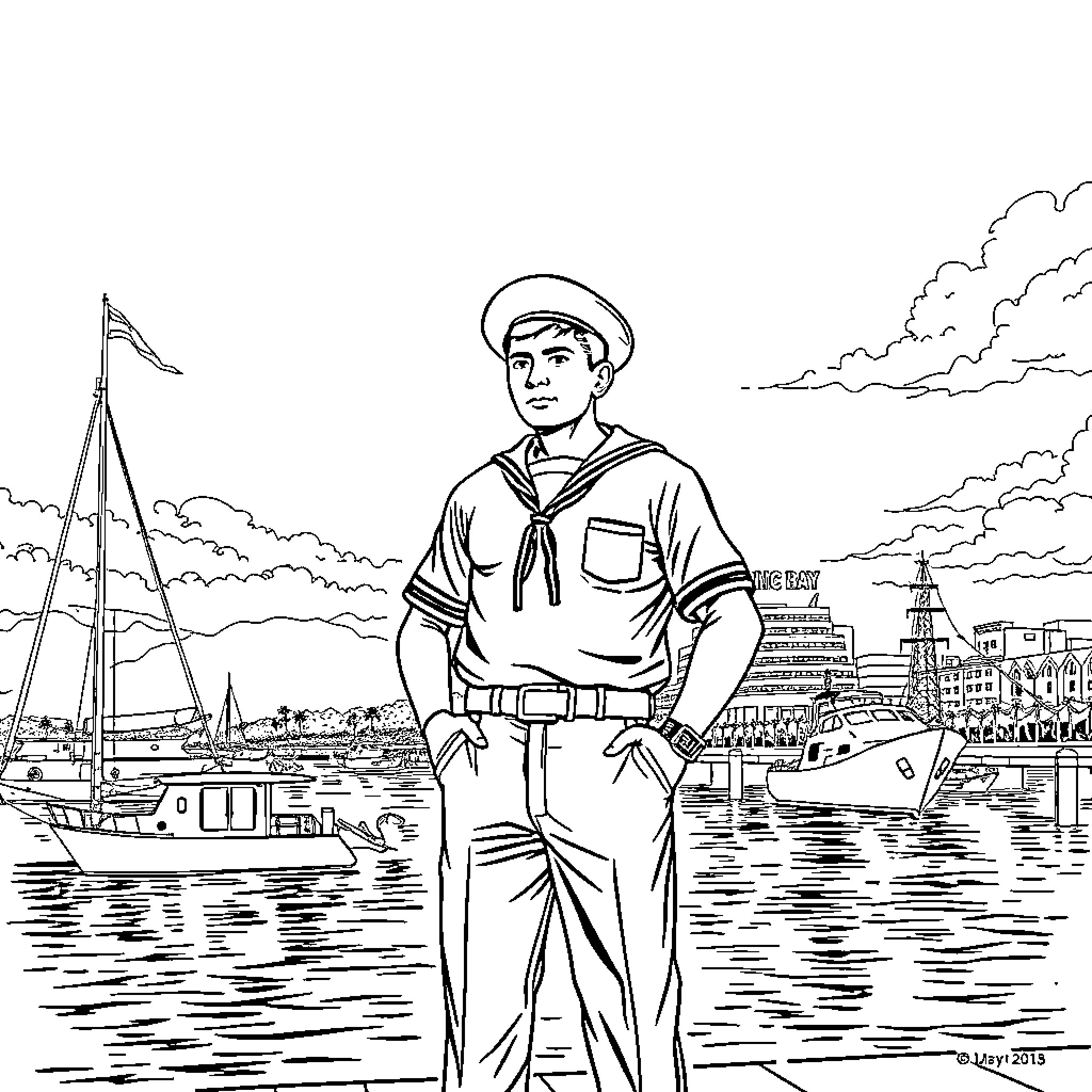 Sailor overlooking the harbor and ships Coloring Page (free black-and-white line drawing printable PDF for all, from beginners to advanced learners, including children, teens, adults, and seniors)
