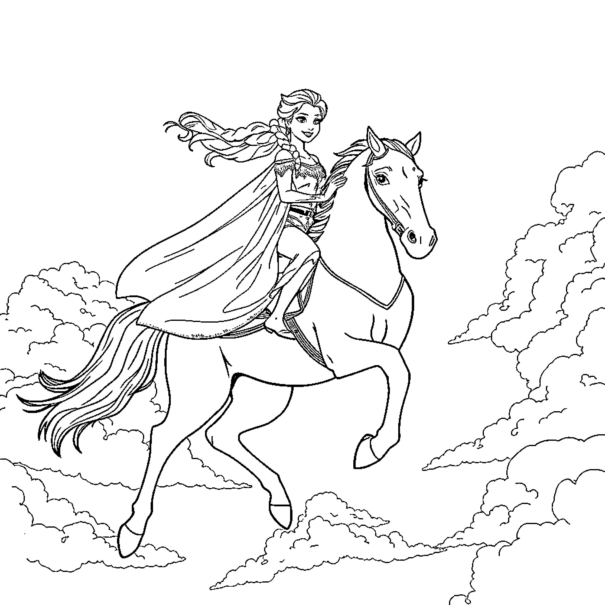 Elsa riding a majestic horse through the clouds Coloring Page (free black-and-white line drawing printable PDF for all, from beginners to advanced learners, including children, teens, adults, and seniors)