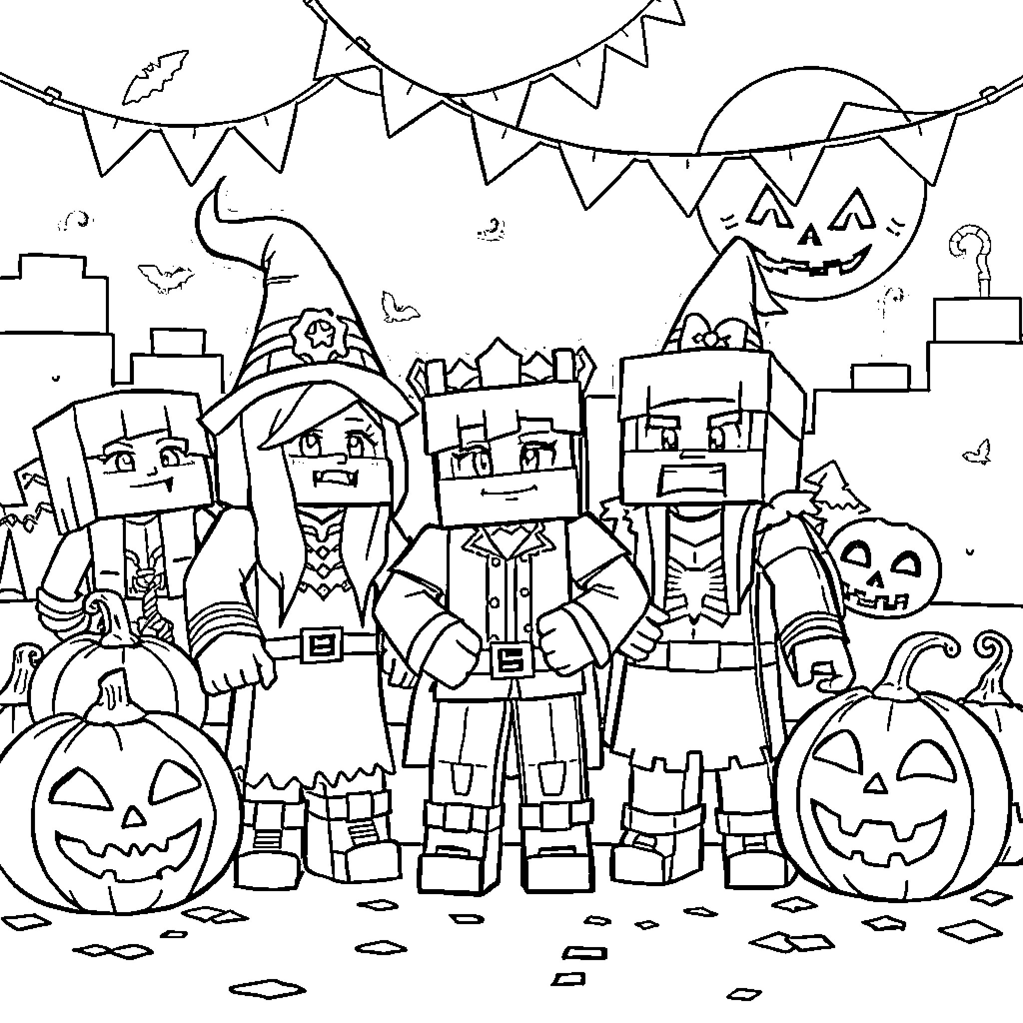 Minecraft Character Trick or Treating on Halloween Coloring Page (free black-and-white line drawing printable PDF for all, from beginners to advanced learners, including children, teens, adults, and seniors)