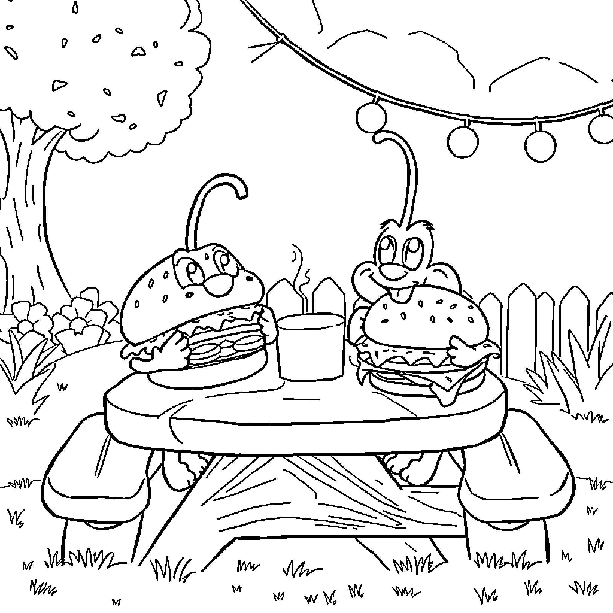 Sprunkie's Delightful Picnic with Burgers and Beverages Coloring Page (free black-and-white line drawing printable PDF for all, from beginners to advanced learners, including children, teens, adults, and seniors)