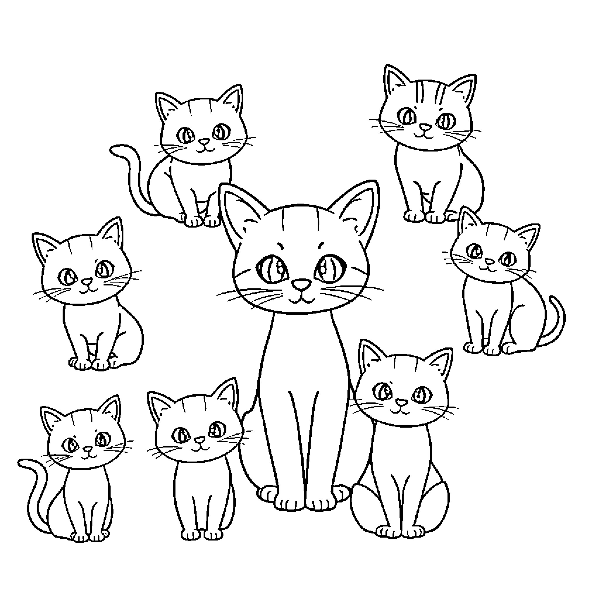 Cats in Different Poses and Expressions Coloring Page (free black-and-white line drawing printable PDF for all, from beginners to advanced learners, including children, teens, adults, and seniors)