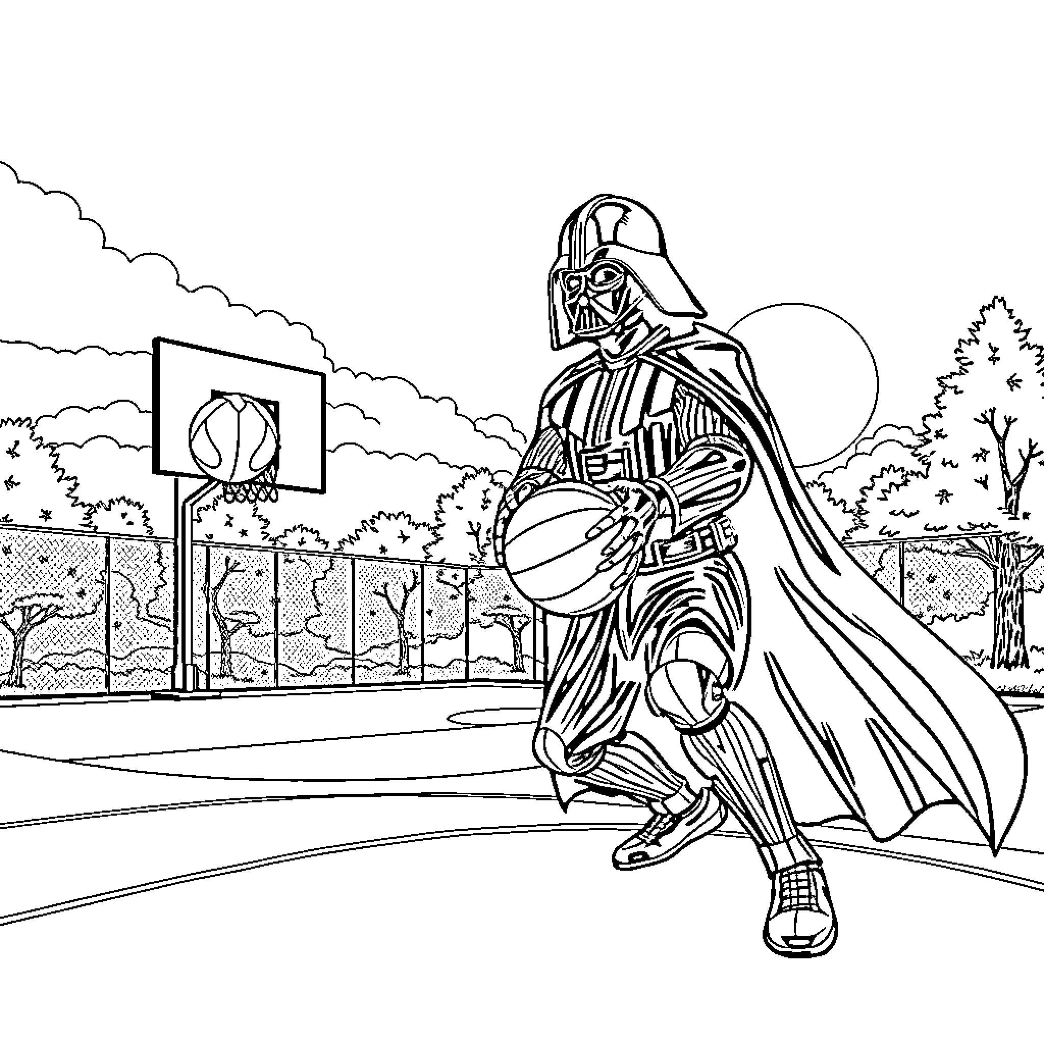 Darth Vader Playing Basketball on the Court Coloring Page (free black-and-white line drawing printable PDF for all, from beginners to advanced learners, including children, teens, adults, and seniors)