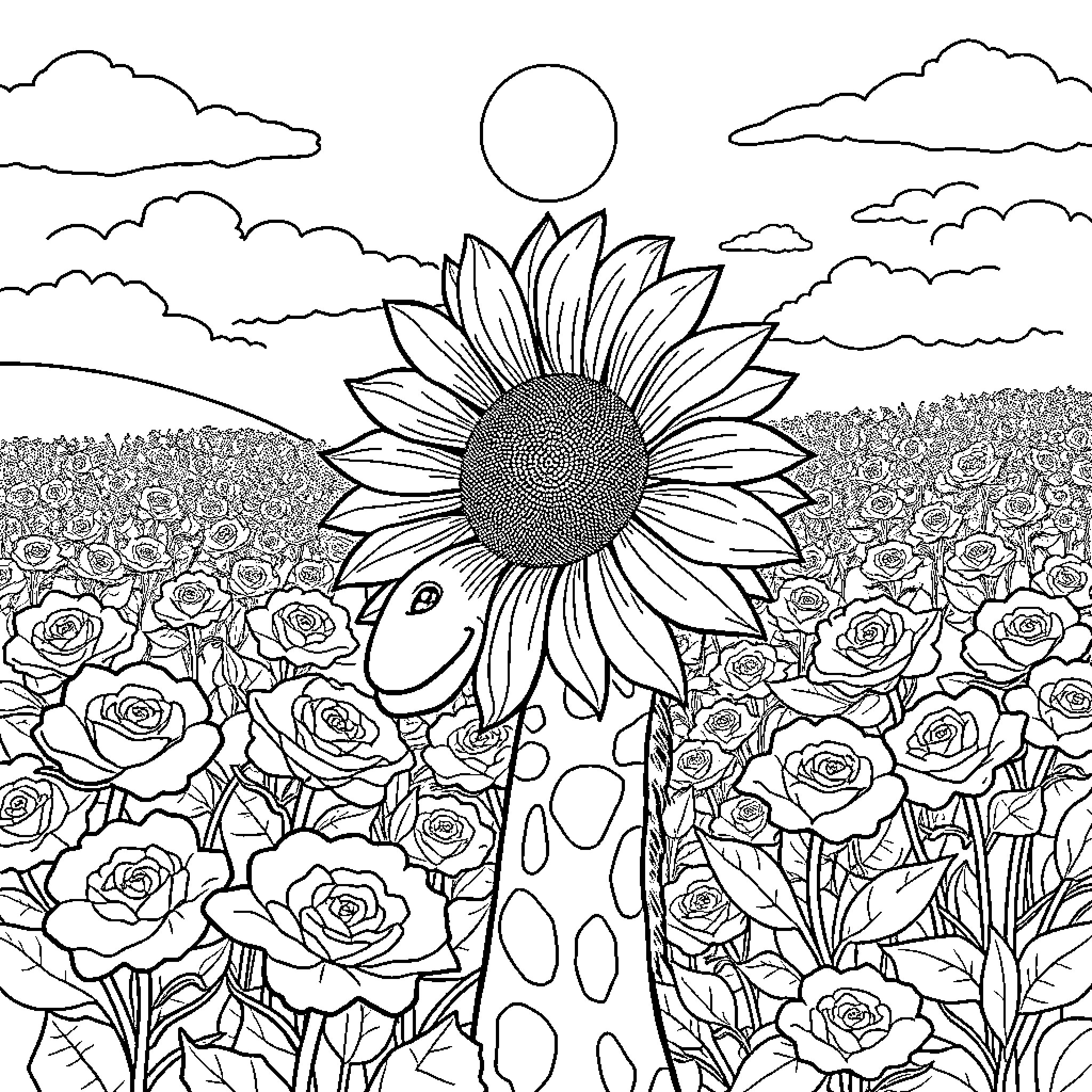 Girasol in a field of roses and clouds Coloring Page (free black-and-white line drawing printable PDF for all, from beginners to advanced learners, including children, teens, adults, and seniors)