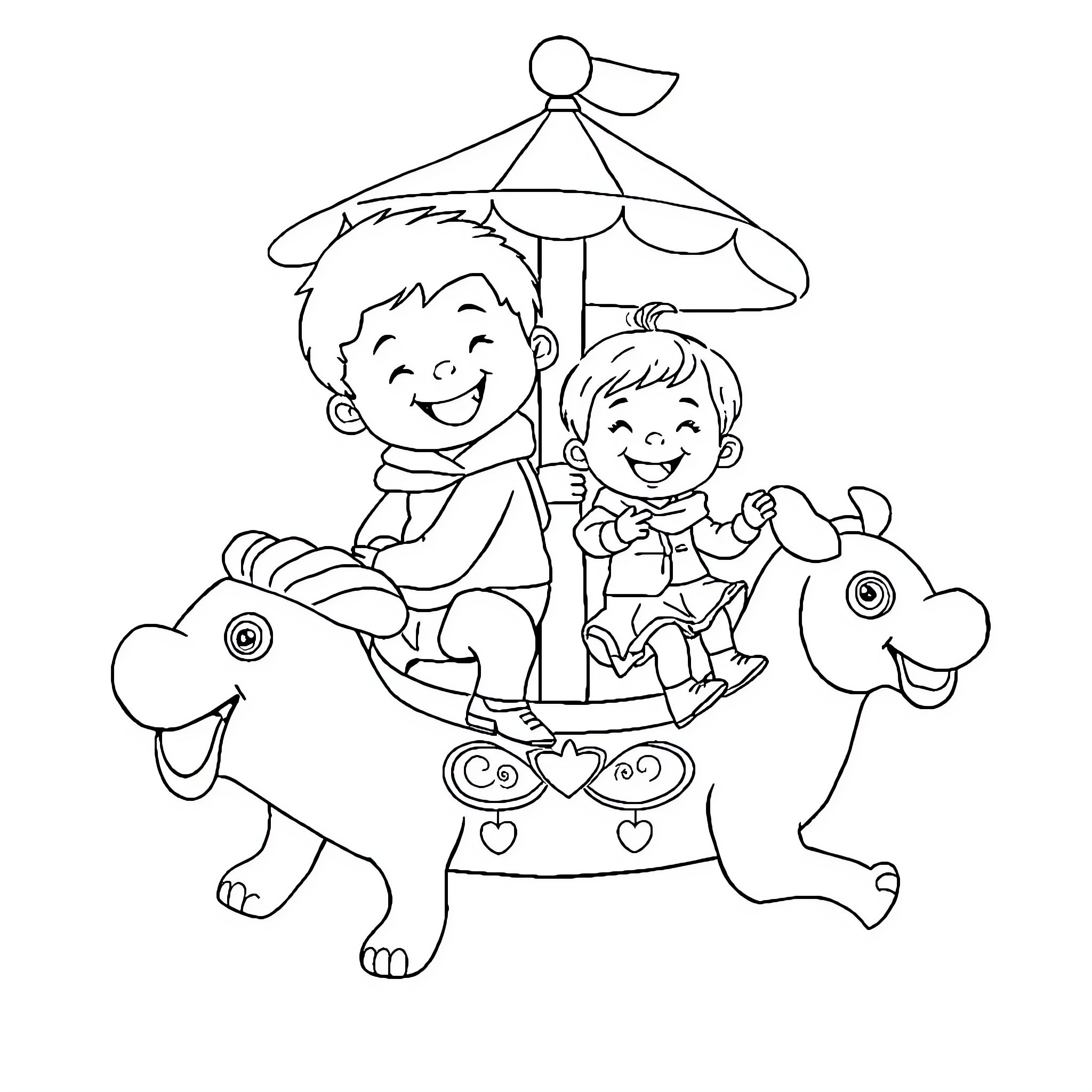 Children playing happily on carousel ride Coloring Page (free black-and-white line drawing printable PDF for all, from beginners to advanced learners, including children, teens, adults, and seniors)