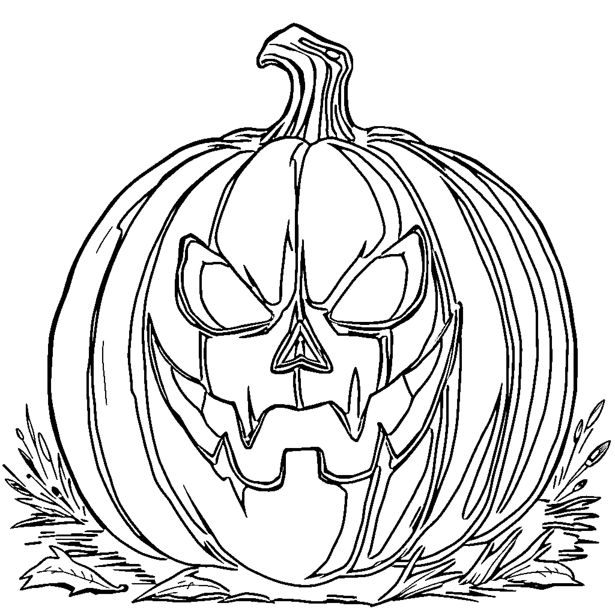 Pumpkin with carved spooky face Coloring Page (free black-and-white line drawing printable PDF for all, from beginners to advanced learners, including children, teens, adults, and seniors)