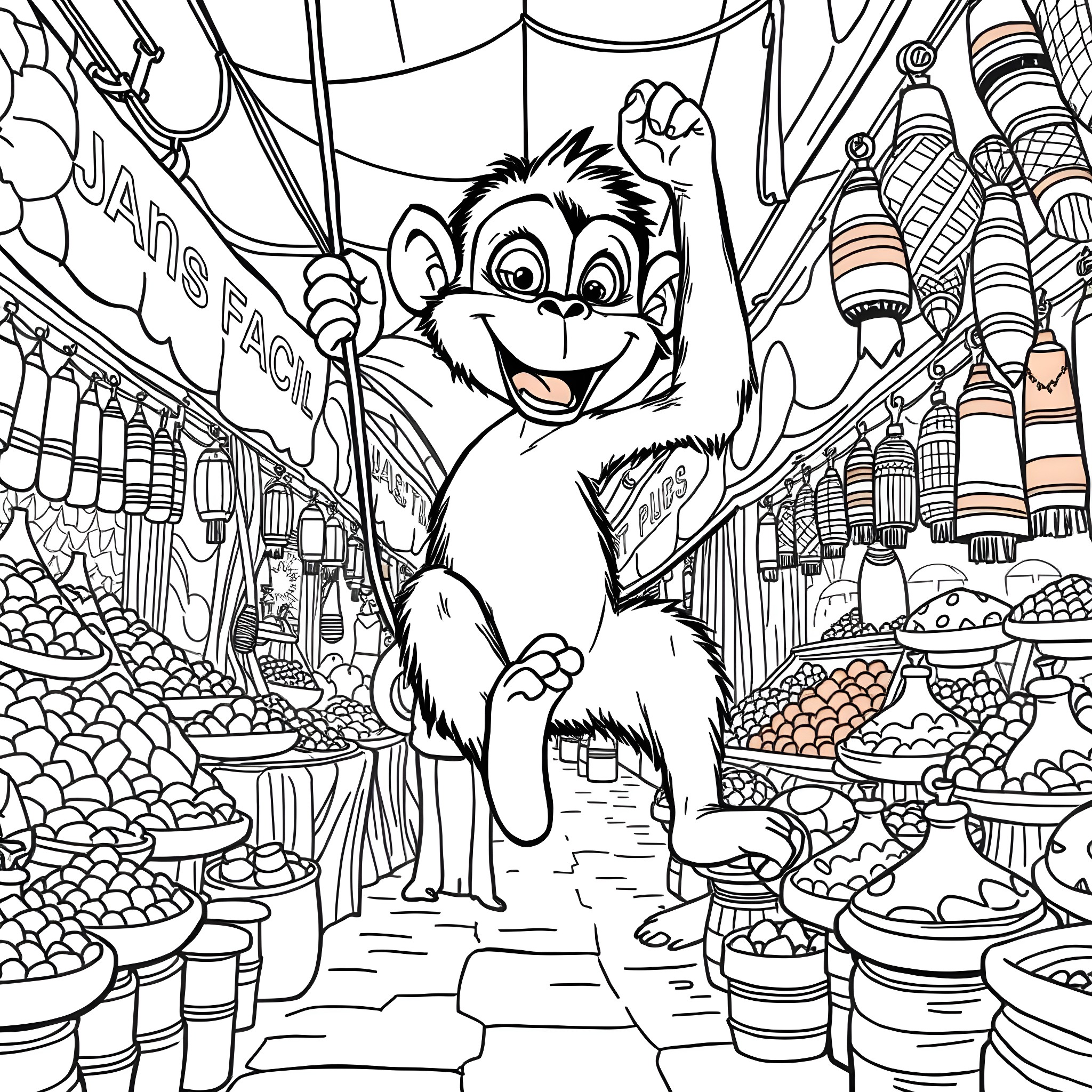 Abu the mischievous monkey exploring the bustling market Coloring Page (free black-and-white line drawing printable PDF for all, from beginners to advanced learners, including children, teens, adults, and seniors)