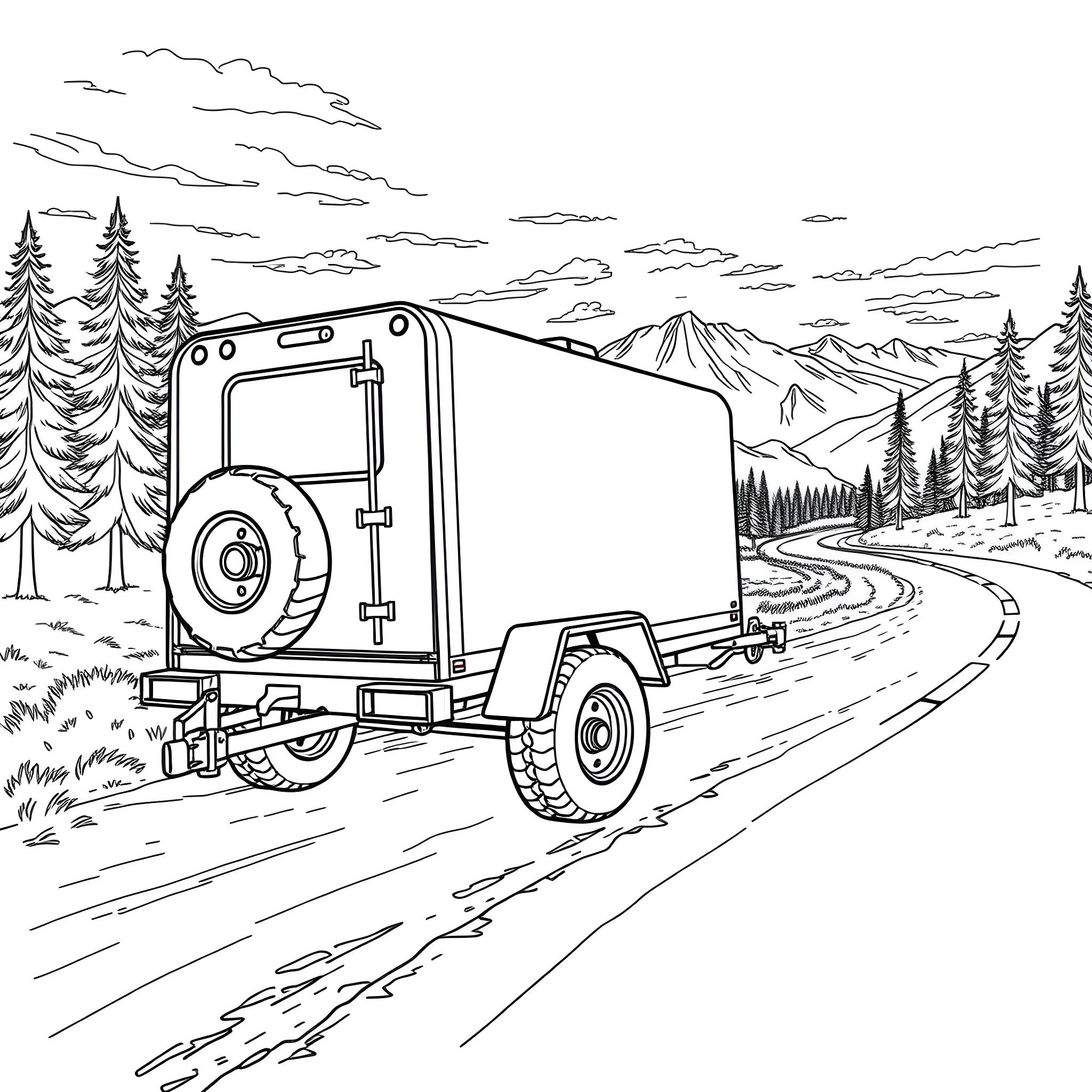 Car Trailer Transporting Goods Through Mountainous Landscape Coloring Page (free black-and-white line drawing printable PDF for all, from beginners to advanced learners, including children, teens, adults, and seniors)