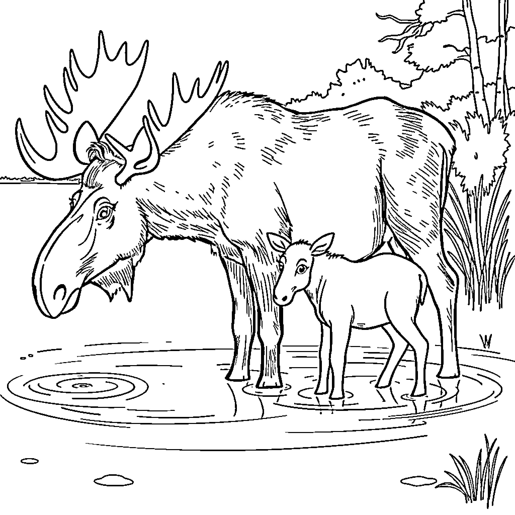 Moose and calf in serene forest scene Coloring Page (free black-and-white line drawing printable PDF for all, from beginners to advanced learners, including children, teens, adults, and seniors)