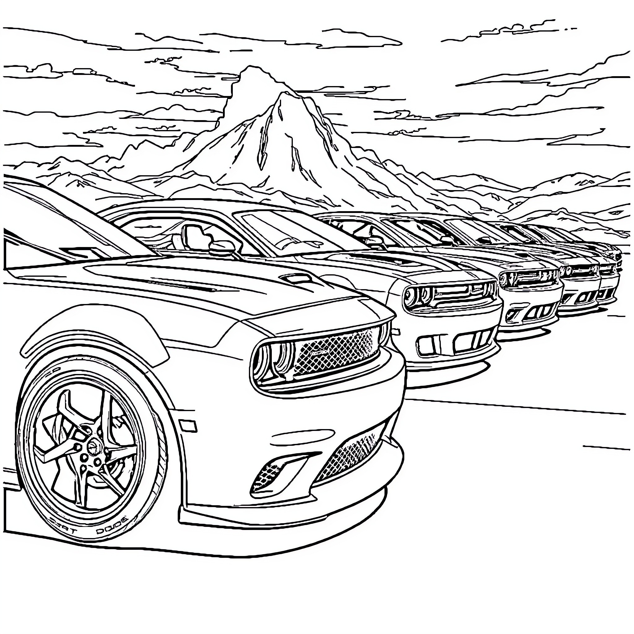 Dodge cars racing in the mountains Coloring Page (free black-and-white line drawing printable PDF for all, from beginners to advanced learners, including children, teens, adults, and seniors)