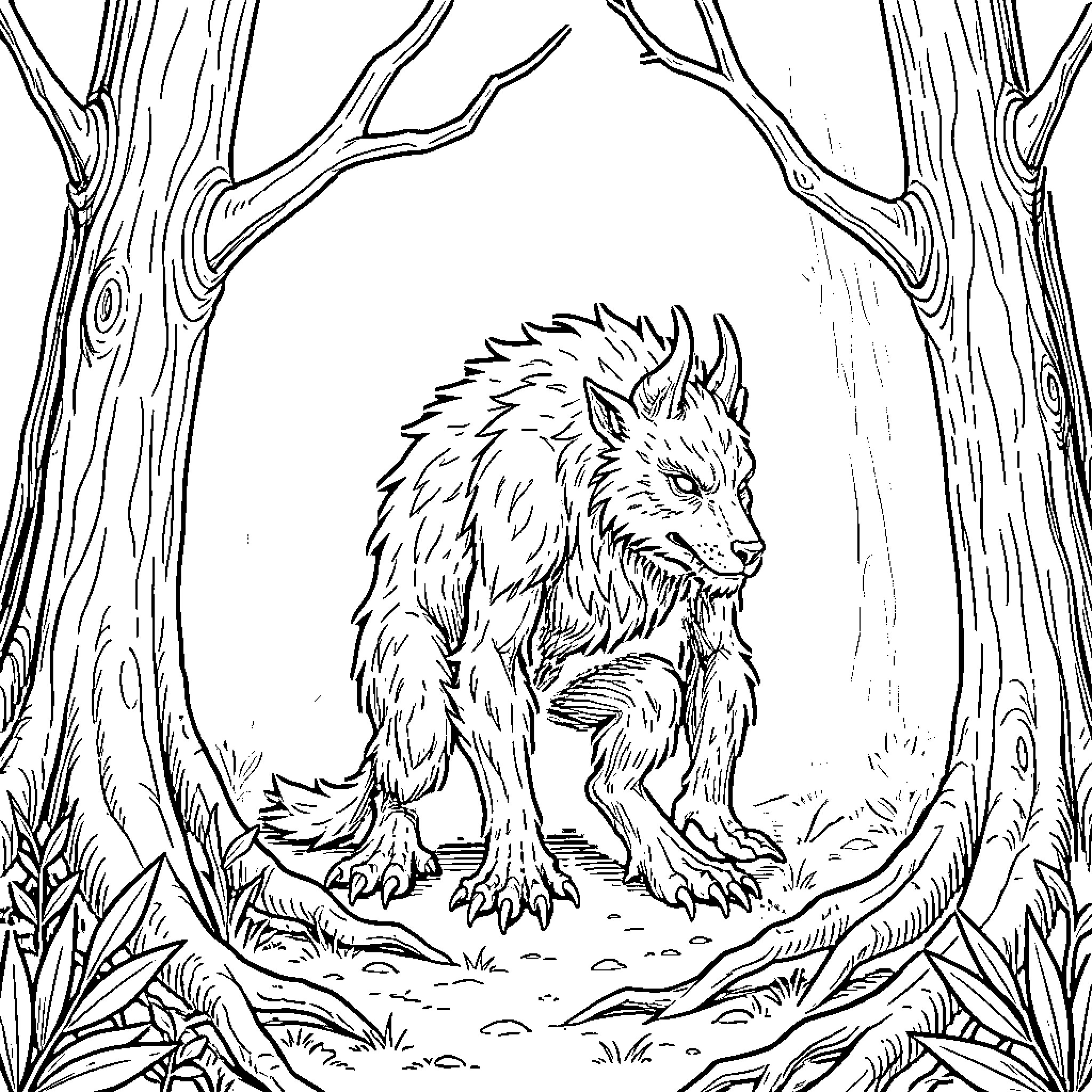 Cryptid creature snarling in the forest Coloring Page (free black-and-white line drawing printable PDF for all, from beginners to advanced learners, including children, teens, adults, and seniors)