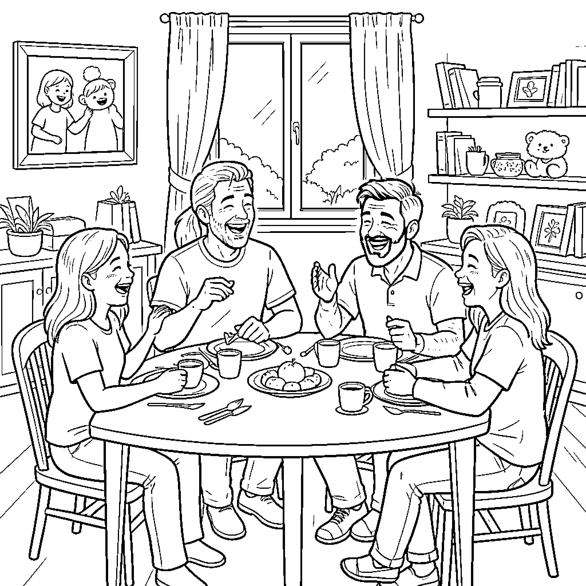 Family sharing a joyful meal at the dining table Coloring Page (free black-and-white line drawing printable PDF for all, from beginners to advanced learners, including children, teens, adults, and seniors)