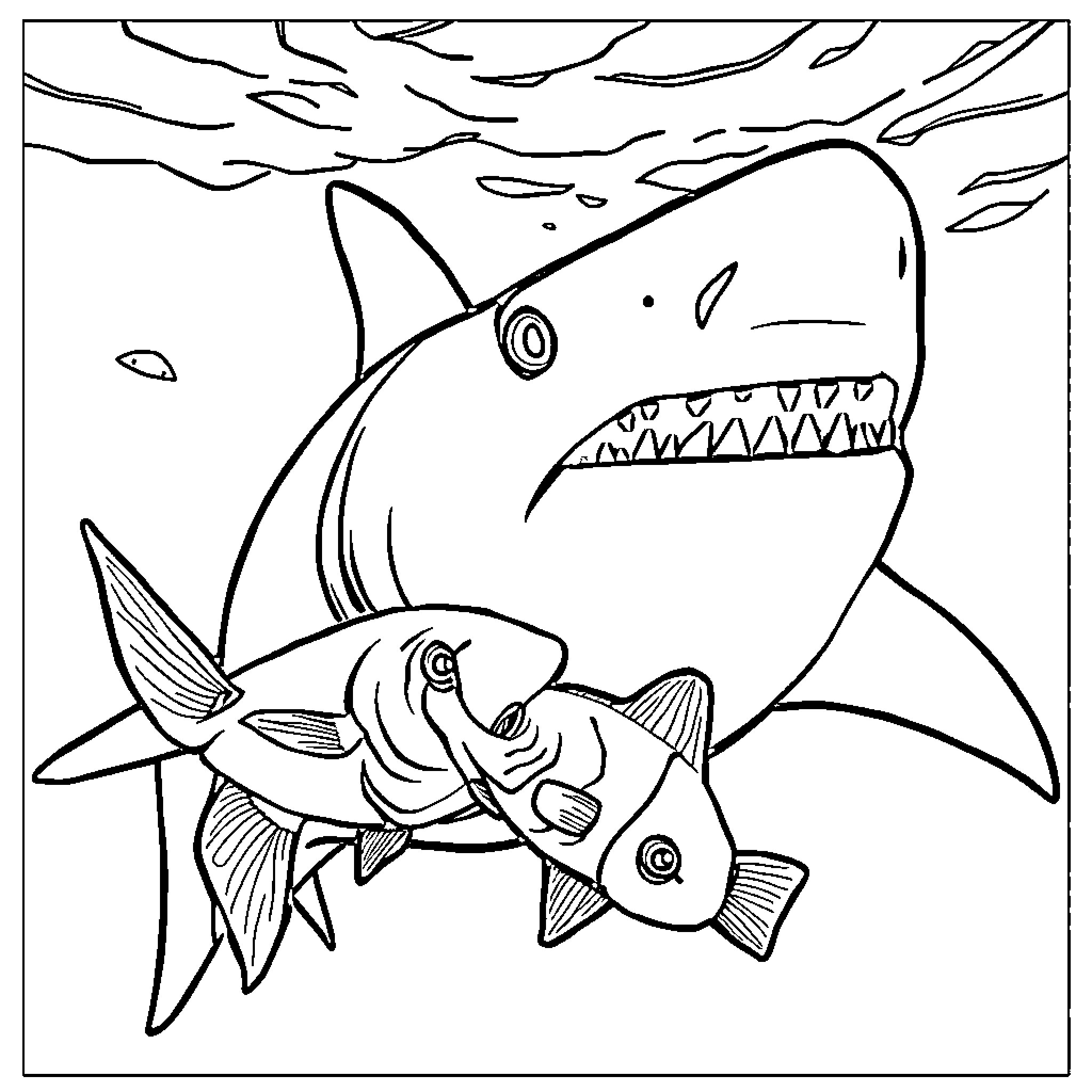 Shark hunting ferocious prey in the deep ocean Coloring Page (free black-and-white line drawing printable PDF for all, from beginners to advanced learners, including children, teens, adults, and seniors)