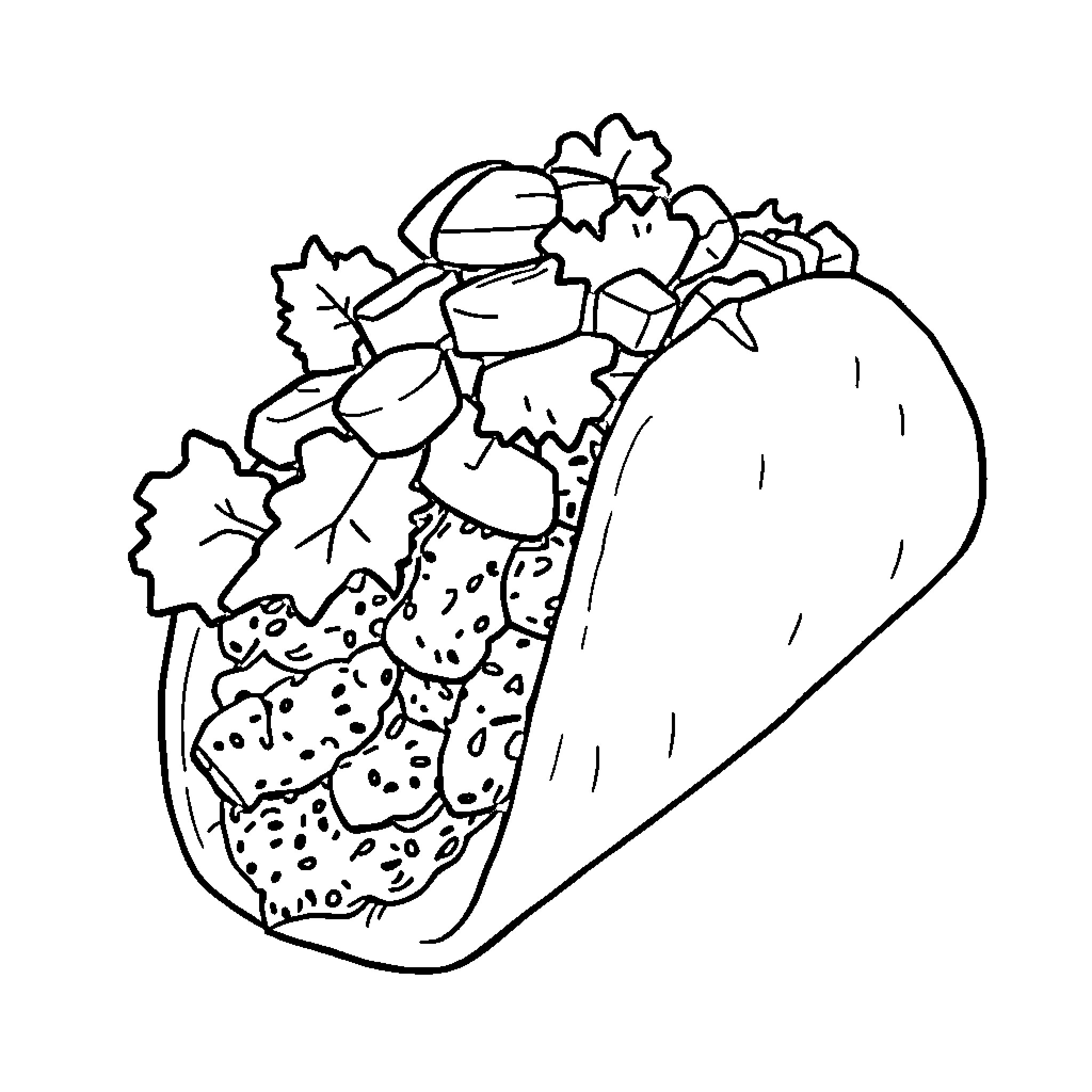 Taco with tasty toppings and garnishes Coloring Page (free black-and-white line drawing printable PDF for all, from beginners to advanced learners, including children, teens, adults, and seniors)