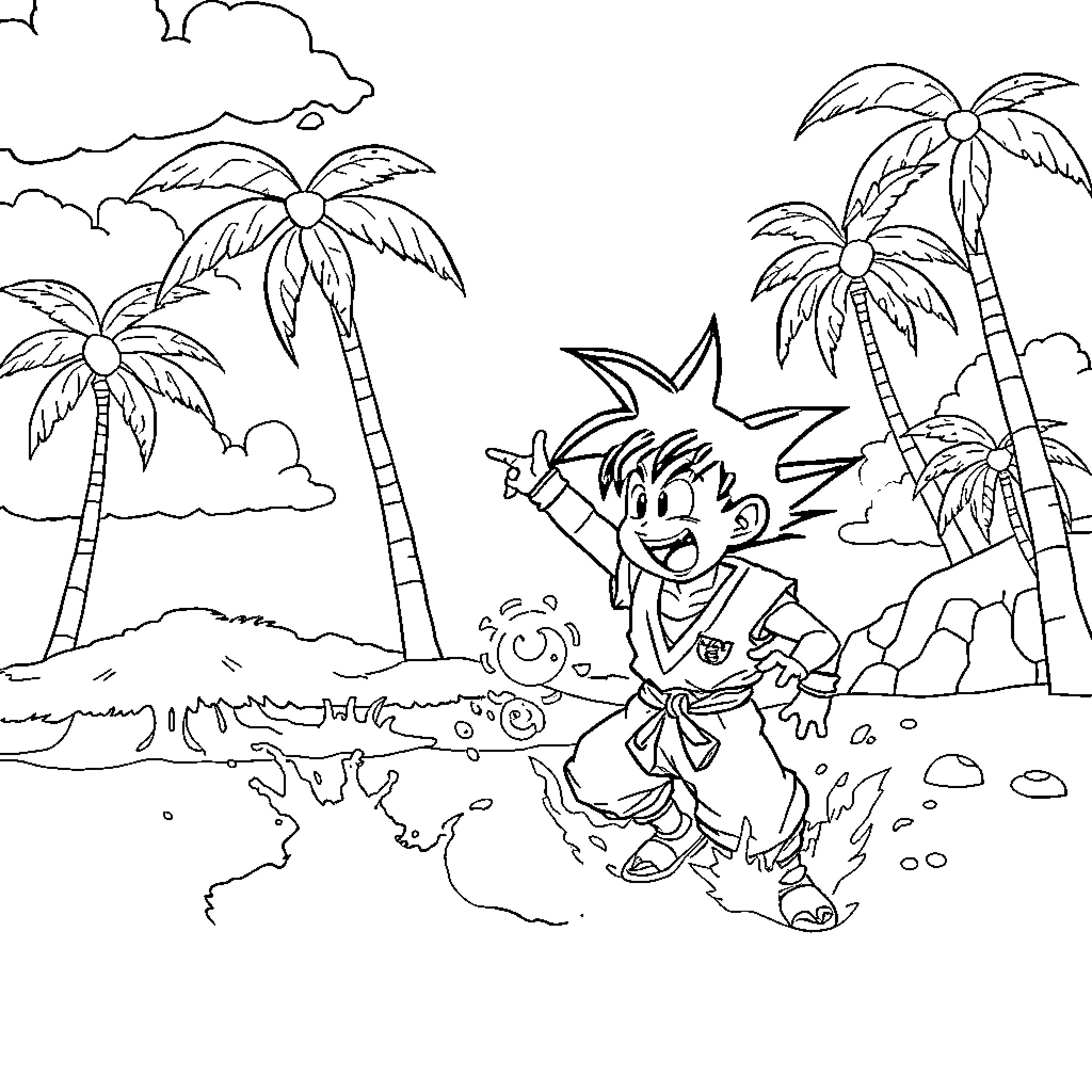 Bob esponja playing happily on a tropical beach Coloring Page (free black-and-white line drawing printable PDF for all, from beginners to advanced learners, including children, teens, adults, and seniors)