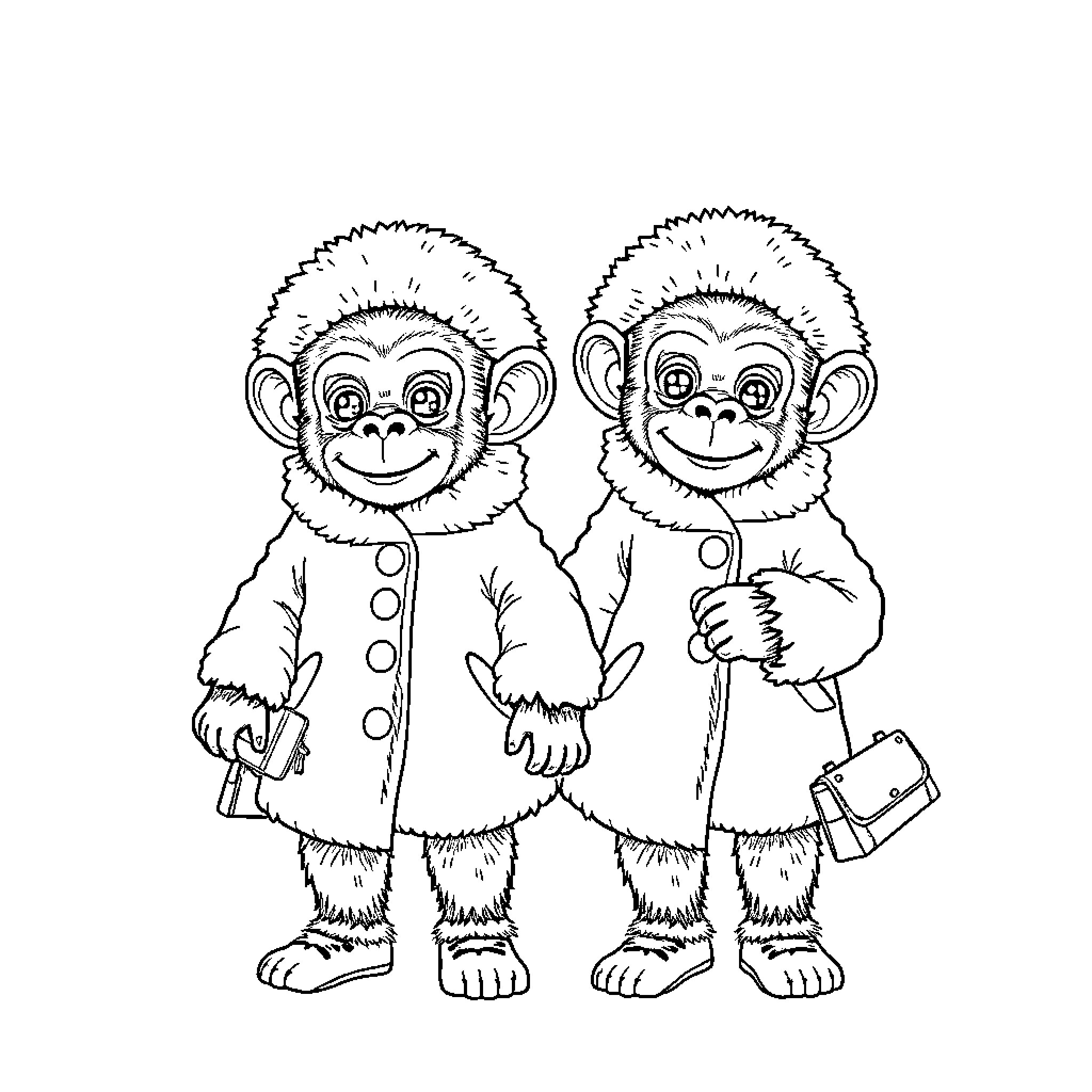 Chimpanzees dressed in winter attire Coloring Page (free black-and-white line drawing printable PDF for all, from beginners to advanced learners, including children, teens, adults, and seniors)