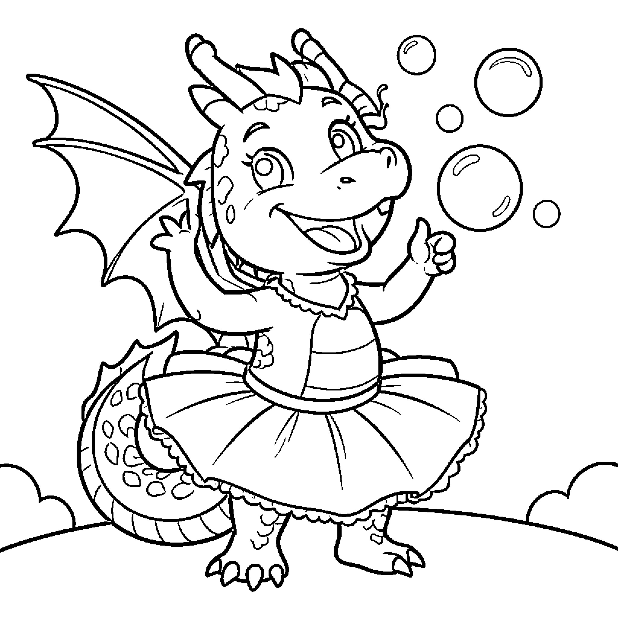 Dragon wearing a tutu and blowing bubbles Coloring Page (free black-and-white line drawing printable PDF for all, from beginners to advanced learners, including children, teens, adults, and seniors)