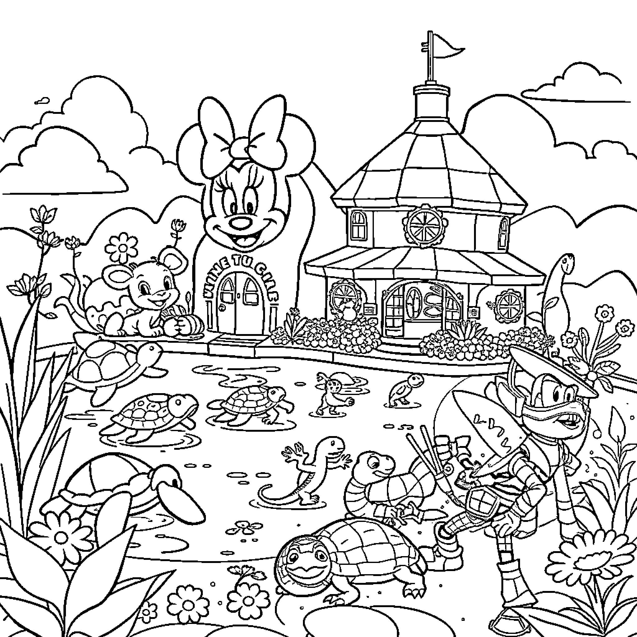 Turtle-themed cartoon characters in a whimsical landscape Coloring Page (free black-and-white line drawing printable PDF for all, from beginners to advanced learners, including children, teens, adults, and seniors)