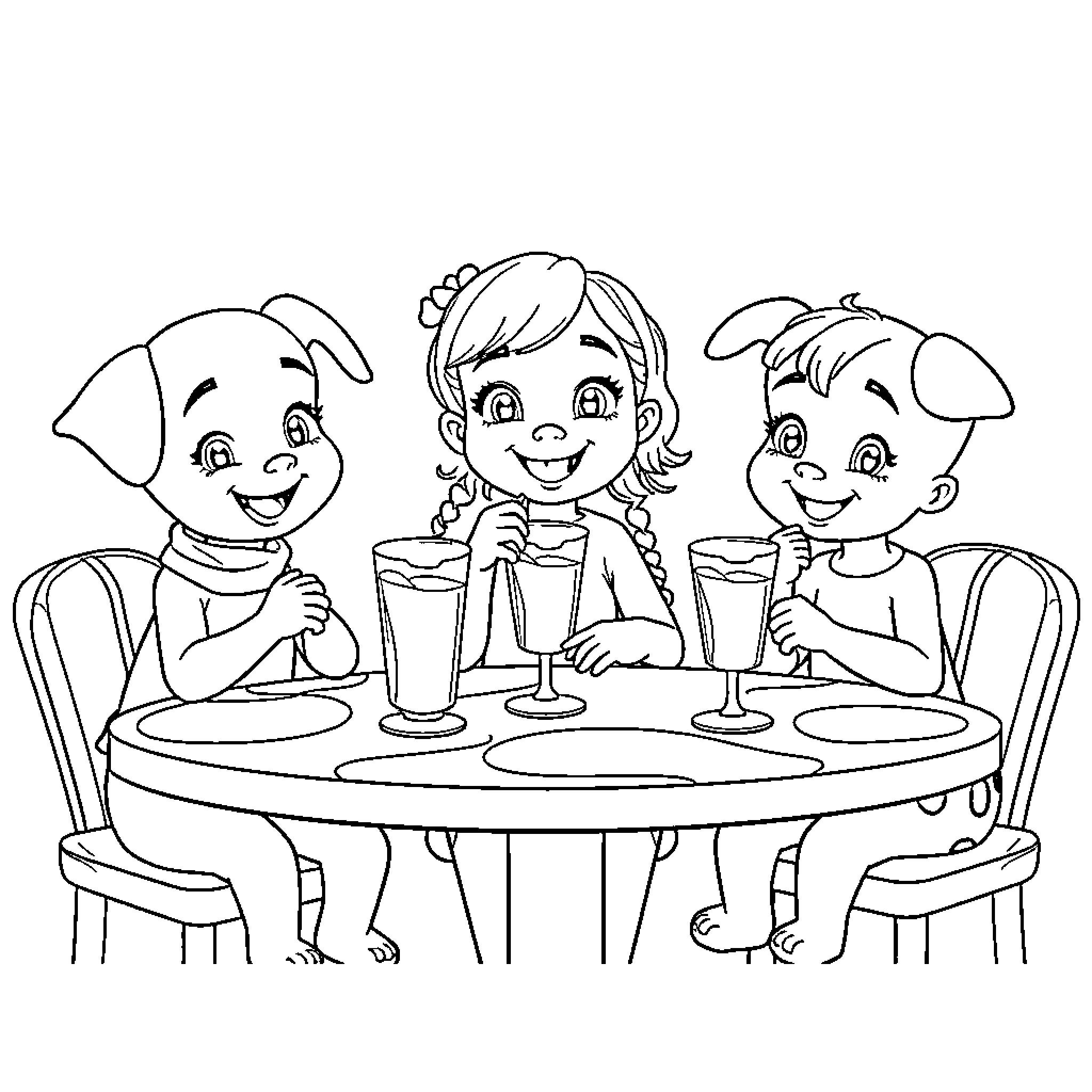 Rumi and friends enjoy a fun milkshake date Coloring Page (free black-and-white line drawing printable PDF for all, from beginners to advanced learners, including children, teens, adults, and seniors)