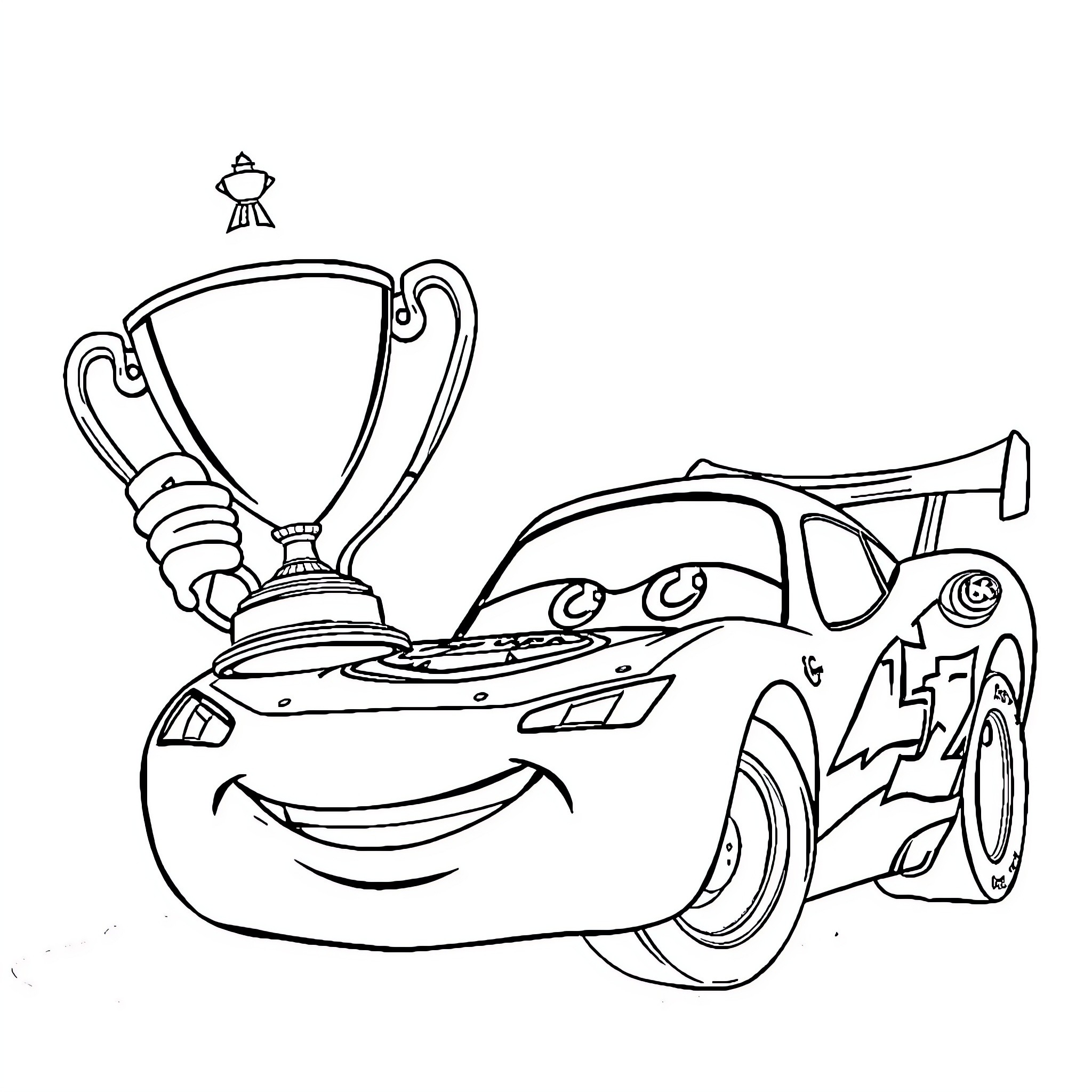 Lightning McQueen Wins Racing Trophy Coloring Page (free black-and-white line drawing printable PDF for all, from beginners to advanced learners, including children, teens, adults, and seniors)