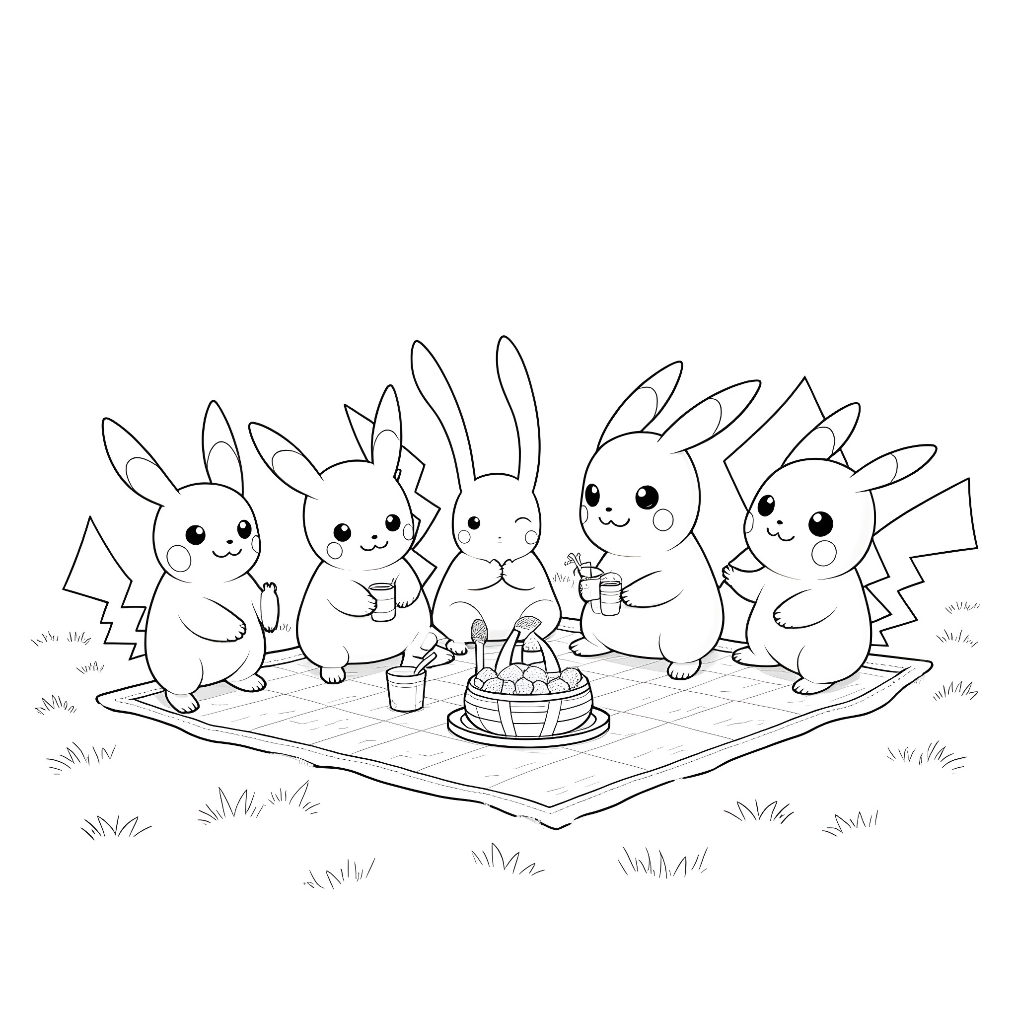 Pokémon characters celebrating with cake Coloring Page (free black-and-white line drawing printable PDF for all, from beginners to advanced learners, including children, teens, adults, and seniors)