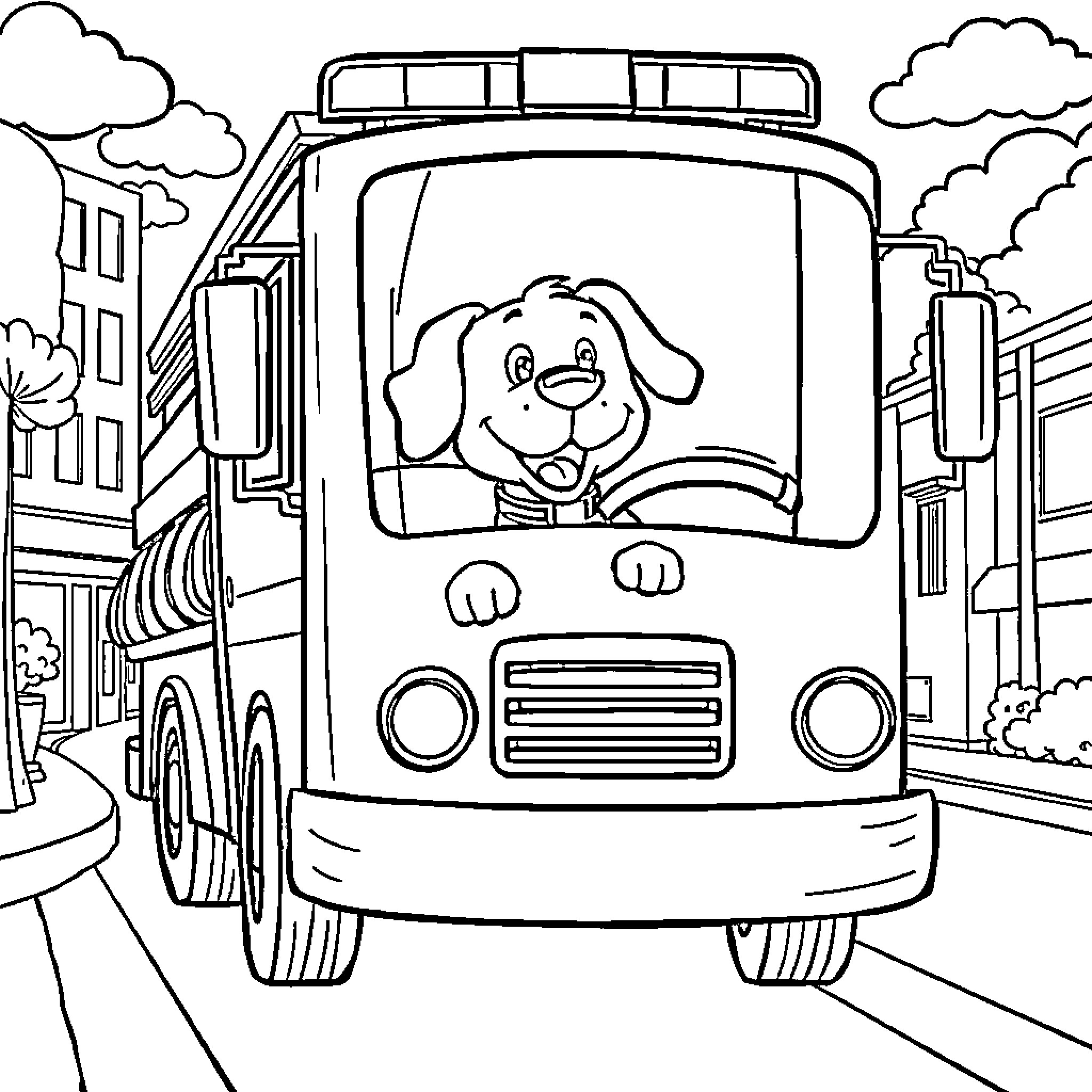 Dog driving a fire truck in the city Coloring Page (free black-and-white line drawing printable PDF for all, from beginners to advanced learners, including children, teens, adults, and seniors)