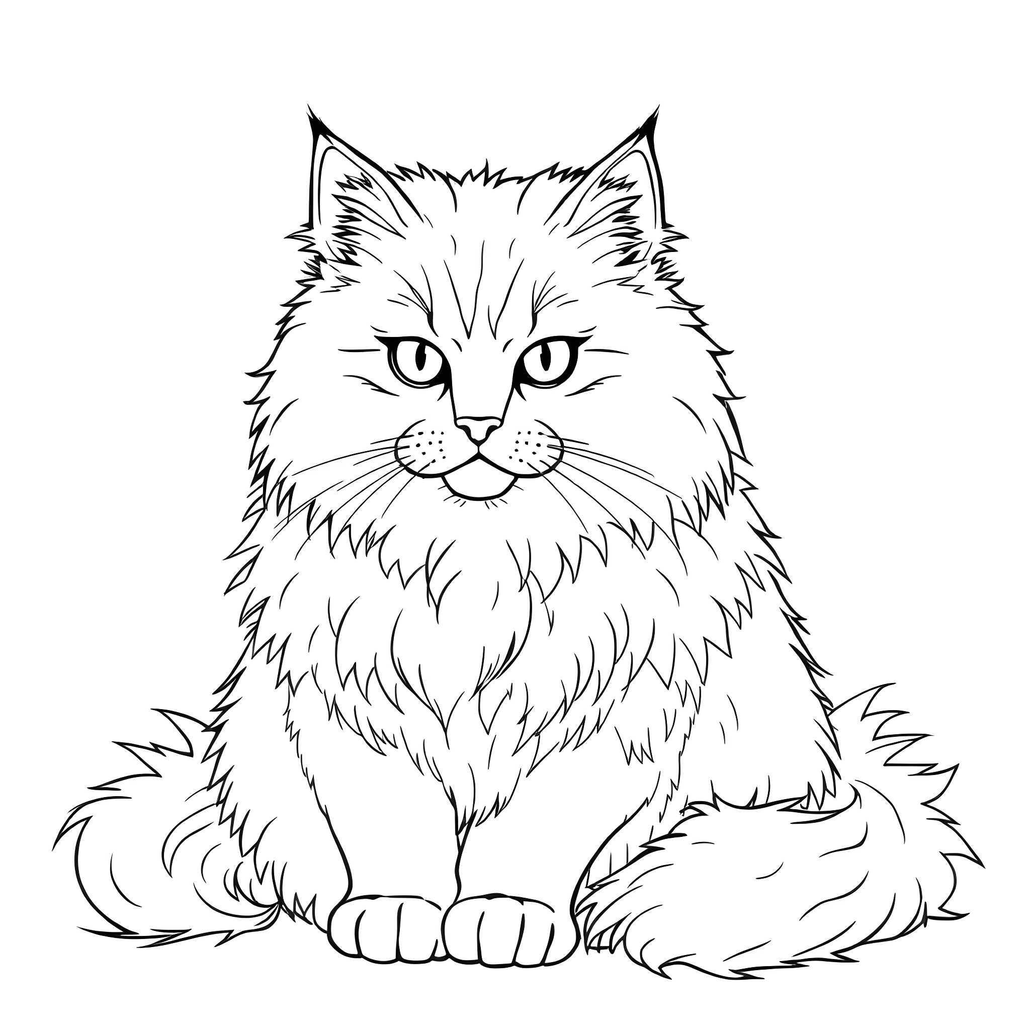 Siberian Cat in Captivating Pose Coloring Page (free black-and-white line drawing printable PDF for all, from beginners to advanced learners, including children, teens, adults, and seniors)
