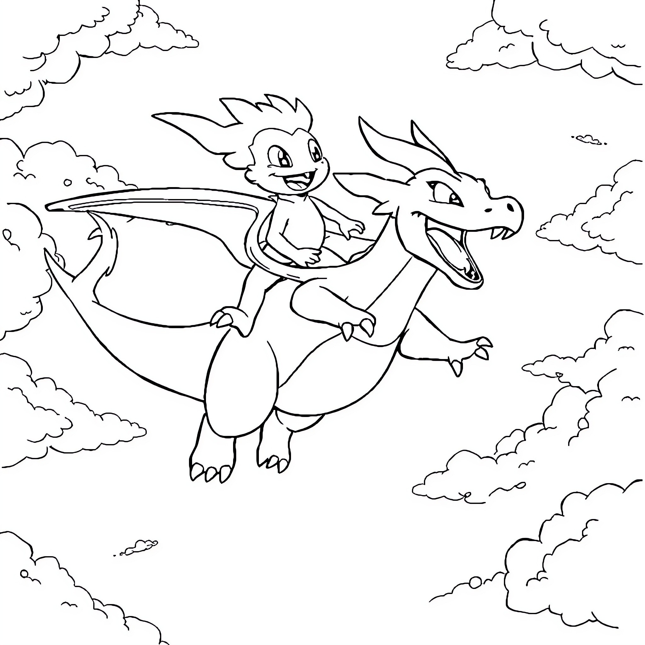 Dogman flying happily with dragon companion in the sky Coloring Page (free black-and-white line drawing printable PDF for all, from beginners to advanced learners, including children, teens, adults, and seniors)