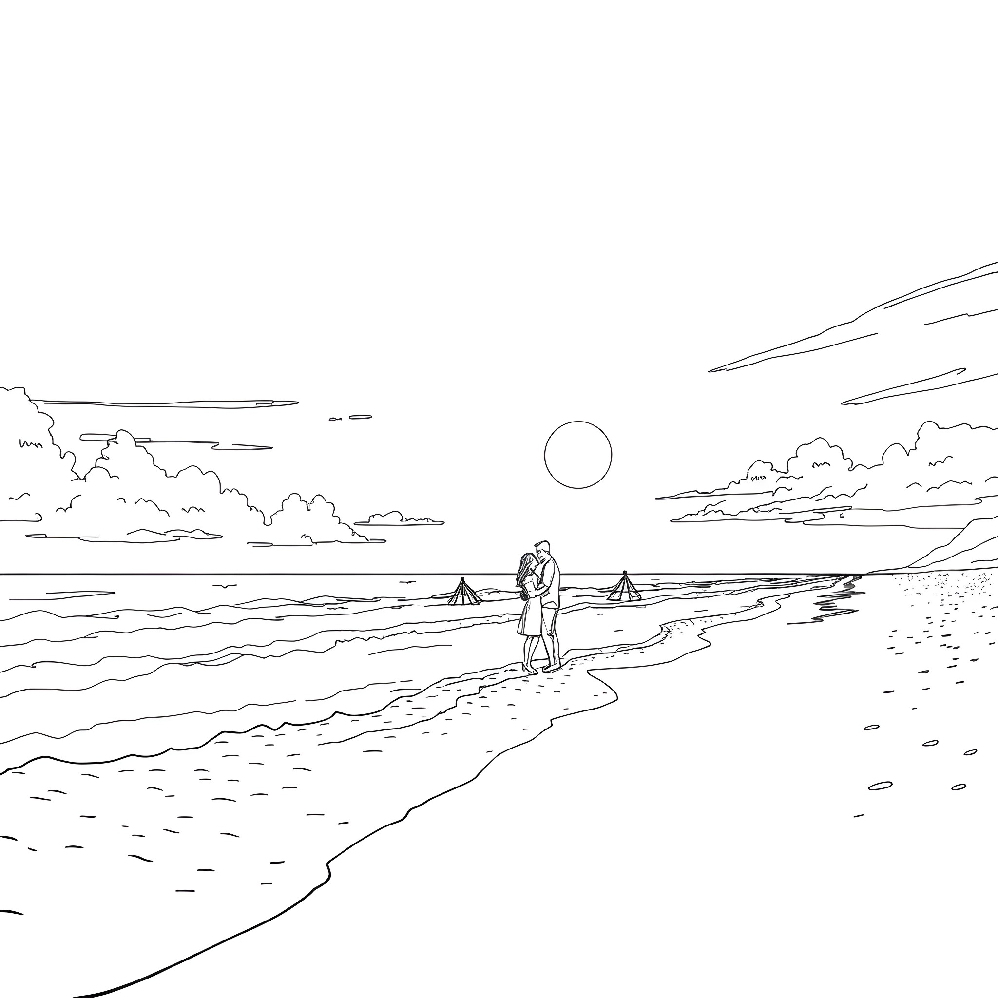 Beach scene with couple walking by the ocean Coloring Page (free black-and-white line drawing printable PDF for all, from beginners to advanced learners, including children, teens, adults, and seniors)