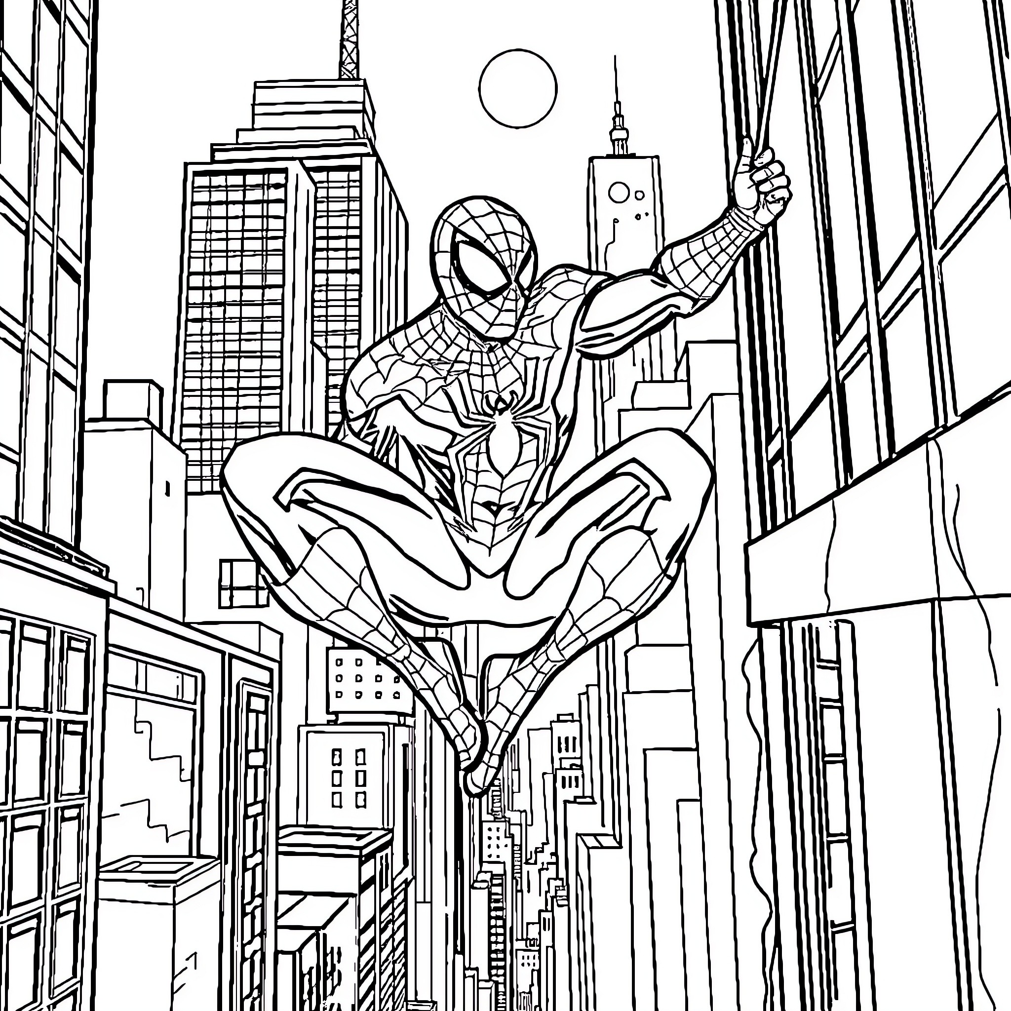 Spiderman swinging through the city skyline Coloring Page (free black-and-white line drawing printable PDF for all, from beginners to advanced learners, including children, teens, adults, and seniors)