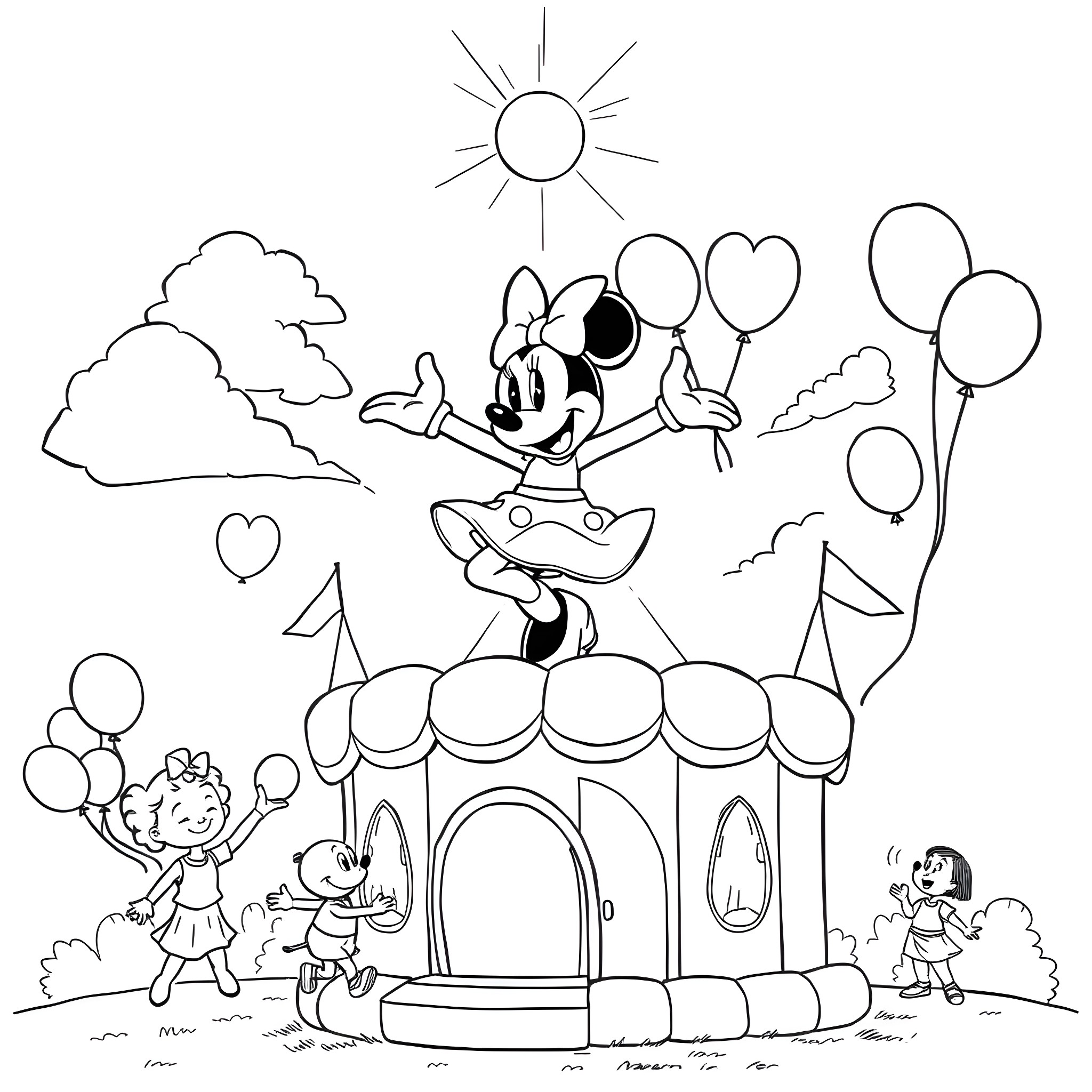 Minnie Mouse hosting a lively celebration with friends Coloring Page (free black-and-white line drawing printable PDF for all, from beginners to advanced learners, including children, teens, adults, and seniors)