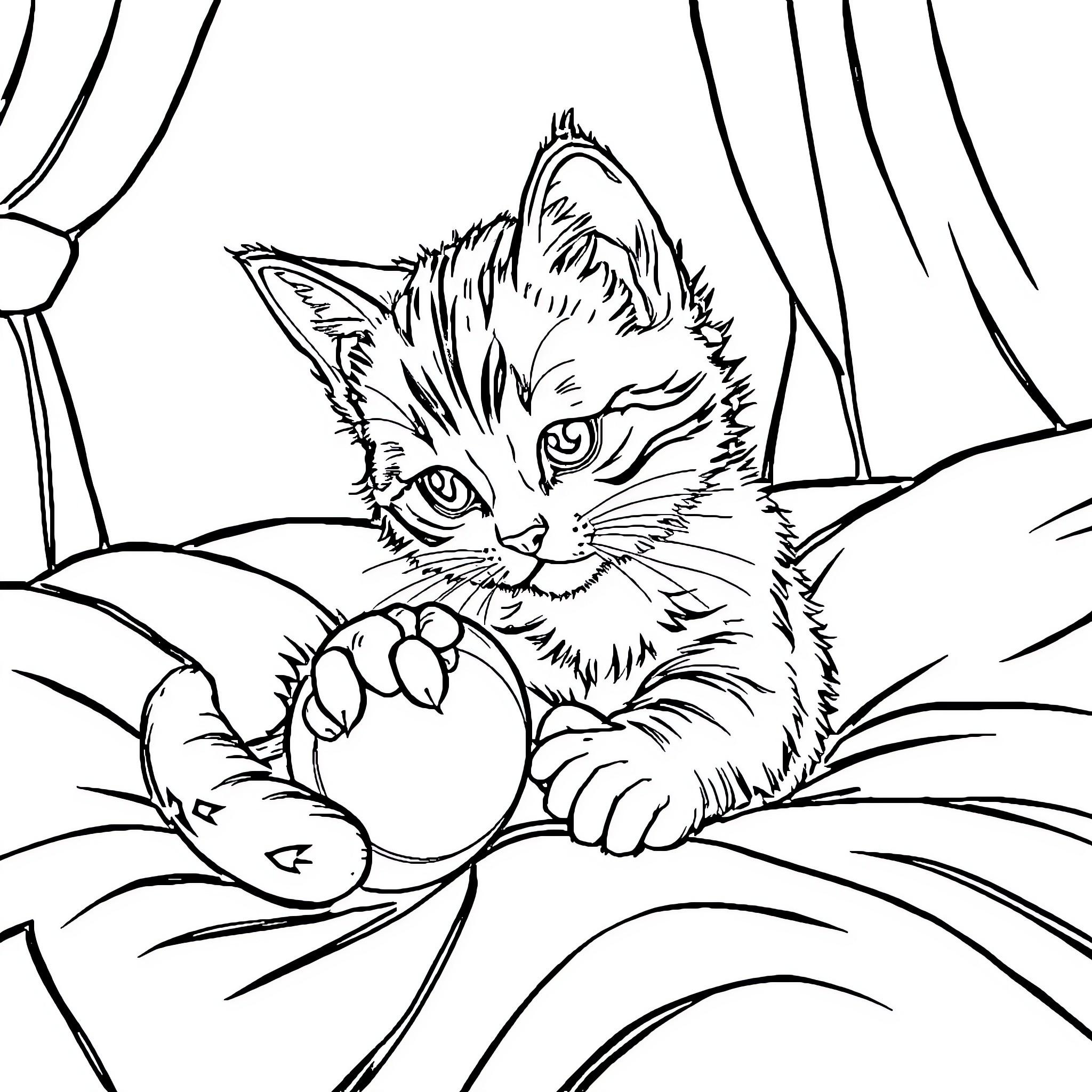 Cat Curiously Inspecting Its Paws Coloring Page (free black-and-white line drawing printable PDF for all, from beginners to advanced learners, including children, teens, adults, and seniors)